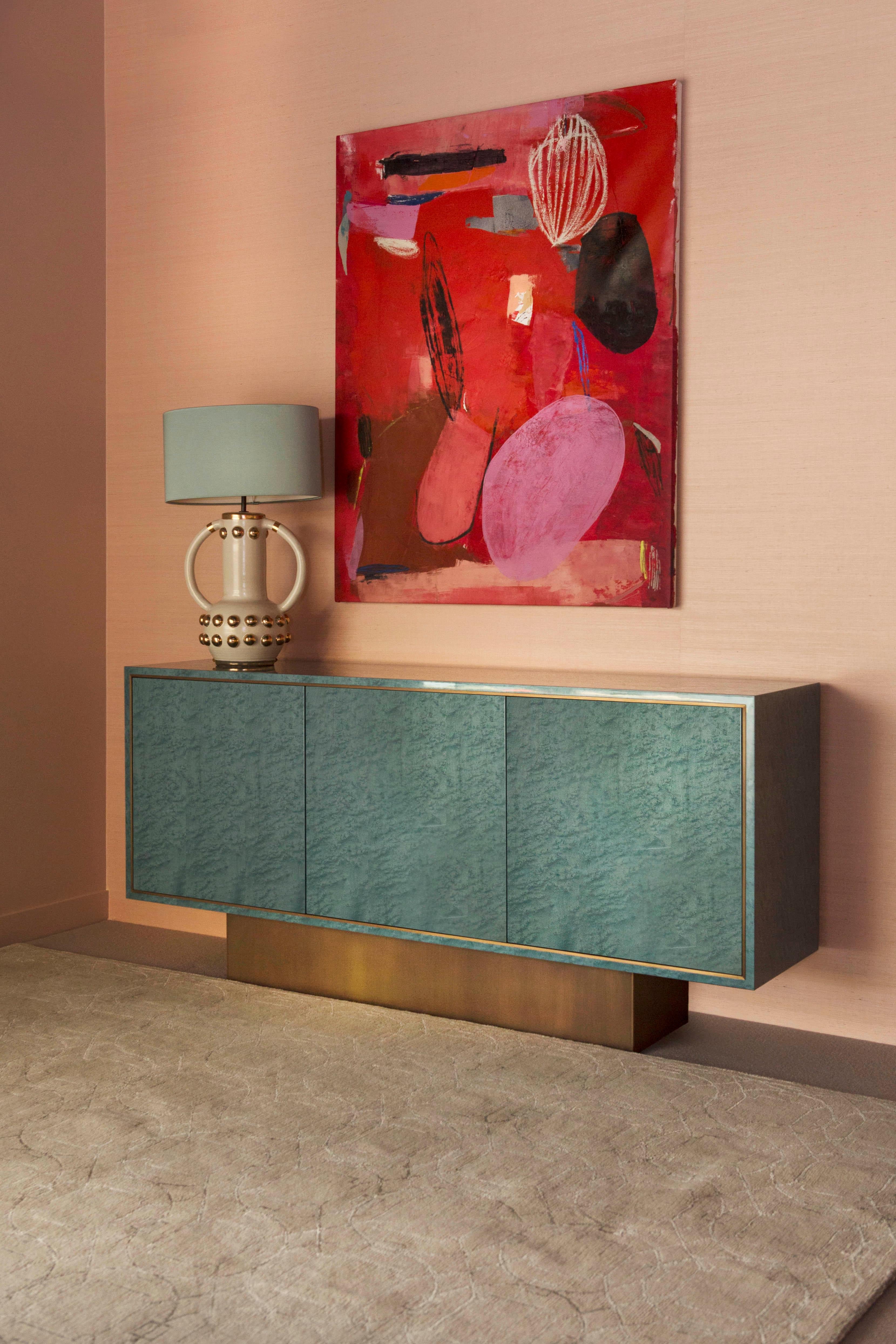 British Davidson's '70s Inspired, Palisades Side Cabinet in Turquoise and Antiqued Brass