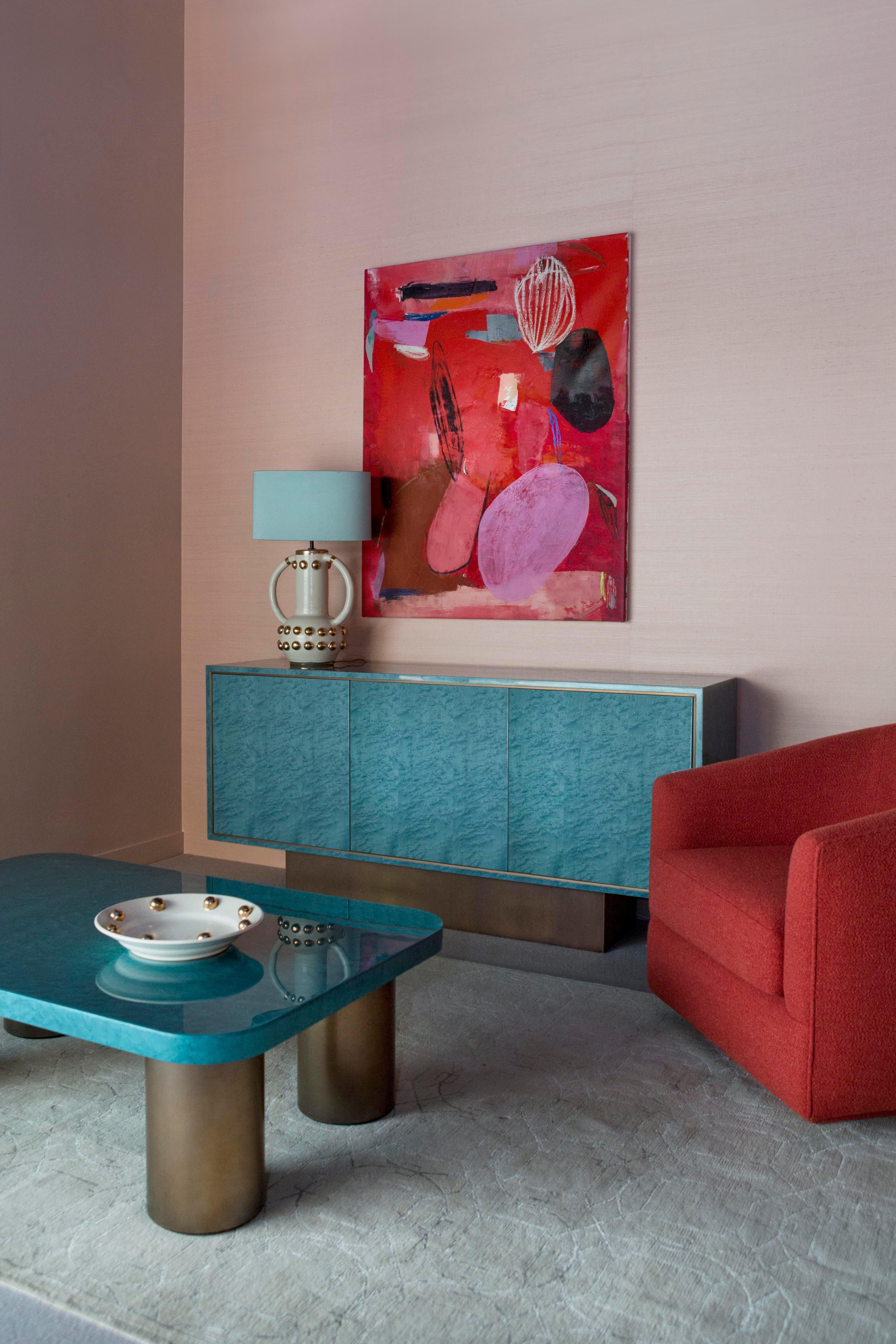 Davidson's '70s Inspired, Palisades Side Cabinet in Turquoise and Antiqued Brass In Excellent Condition In London, GB