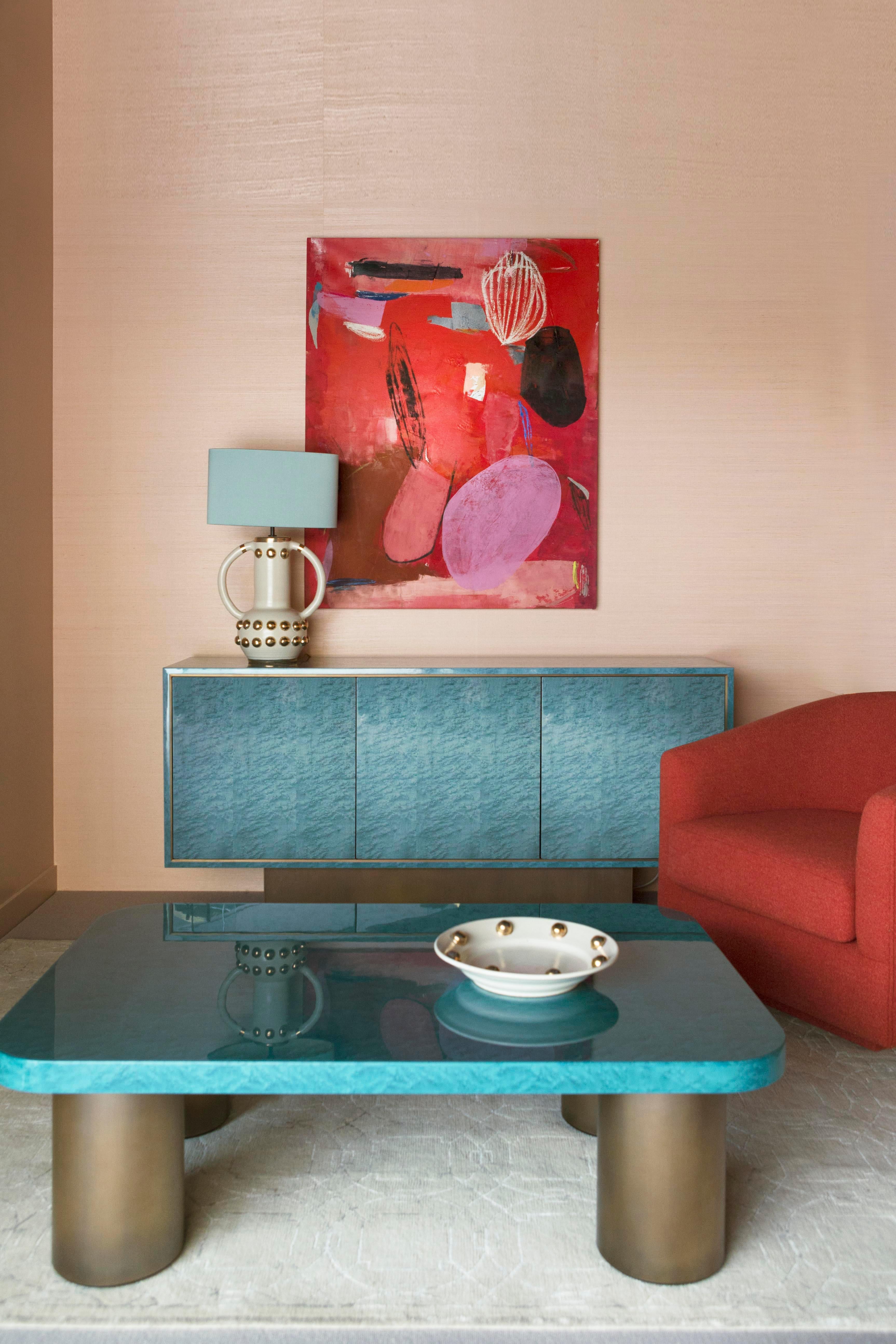 Late 20th Century Davidson's '70s Inspired, Palisades Side Cabinet in Turquoise and Antiqued Brass