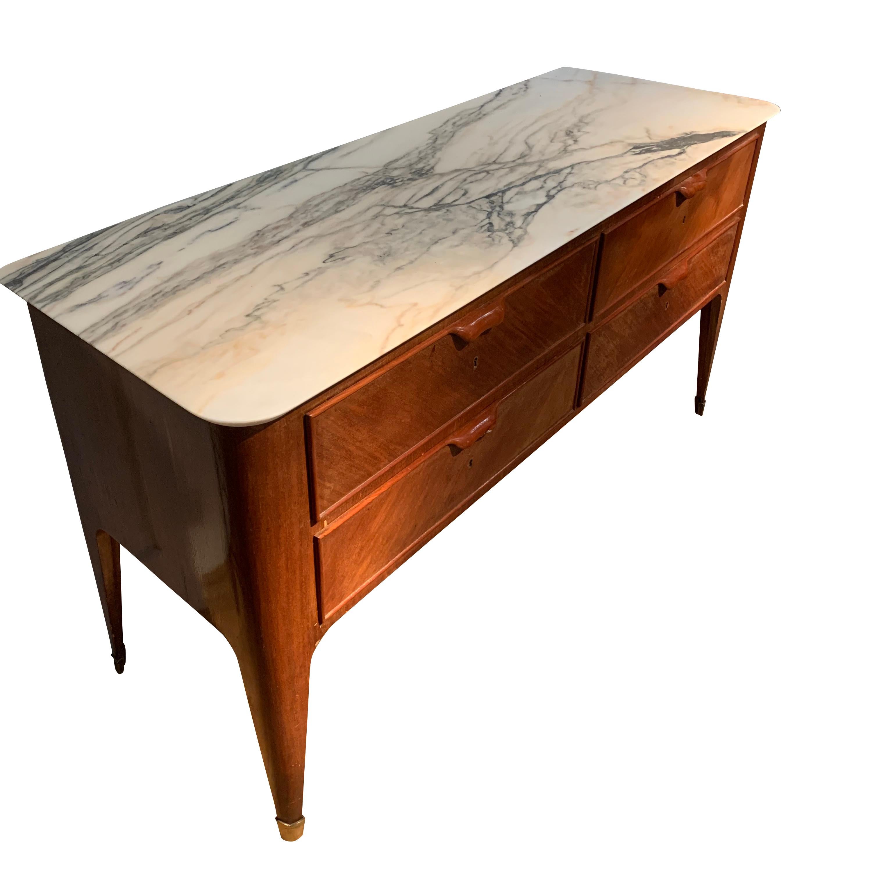 Italian Paolo Buffa  Palisander Wood, Marble-Top, Four Drawer Credenza, 1940s In Good Condition In New York, NY