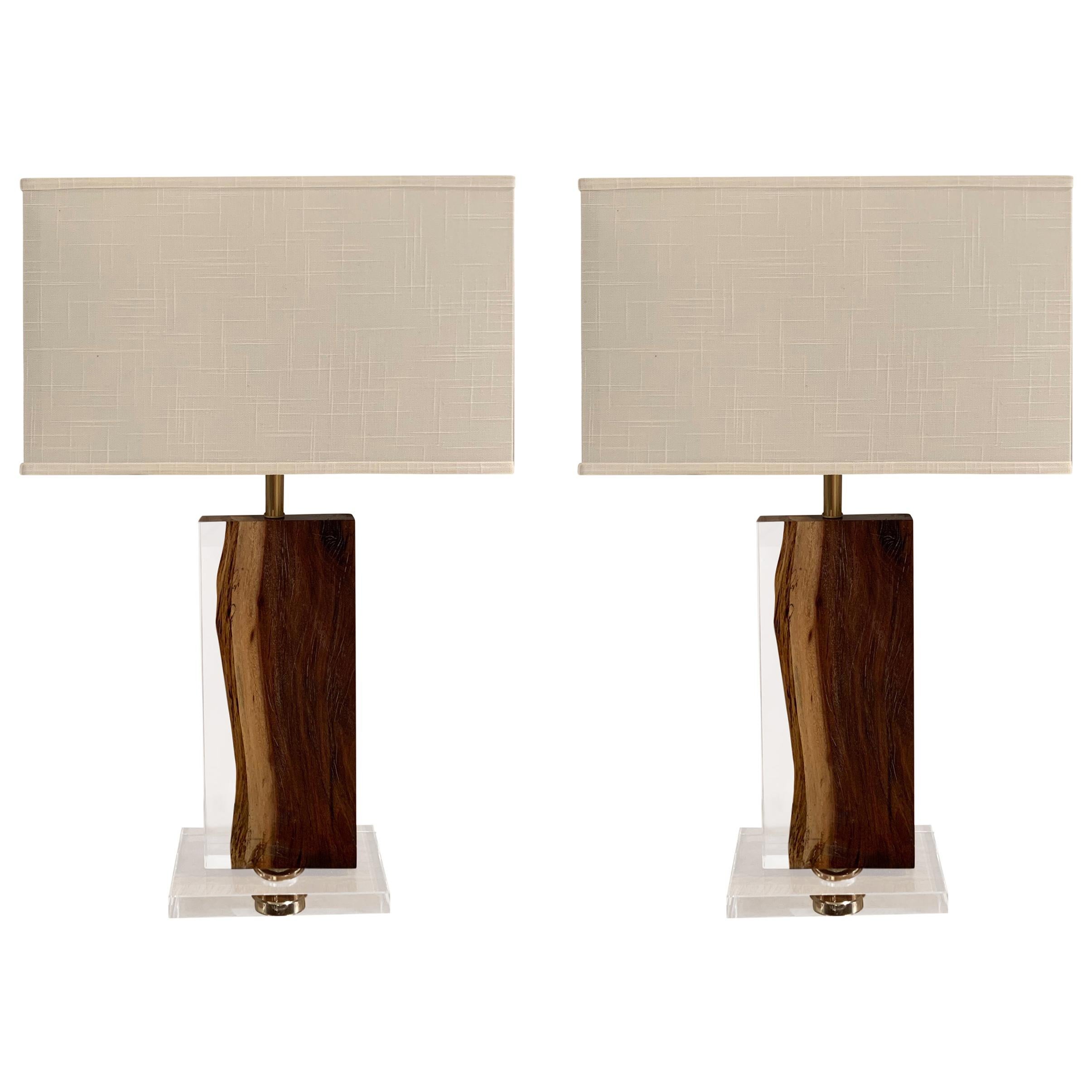 Palissandre and Acrylic Pair Lamps, Indonesia, Contemporary For Sale