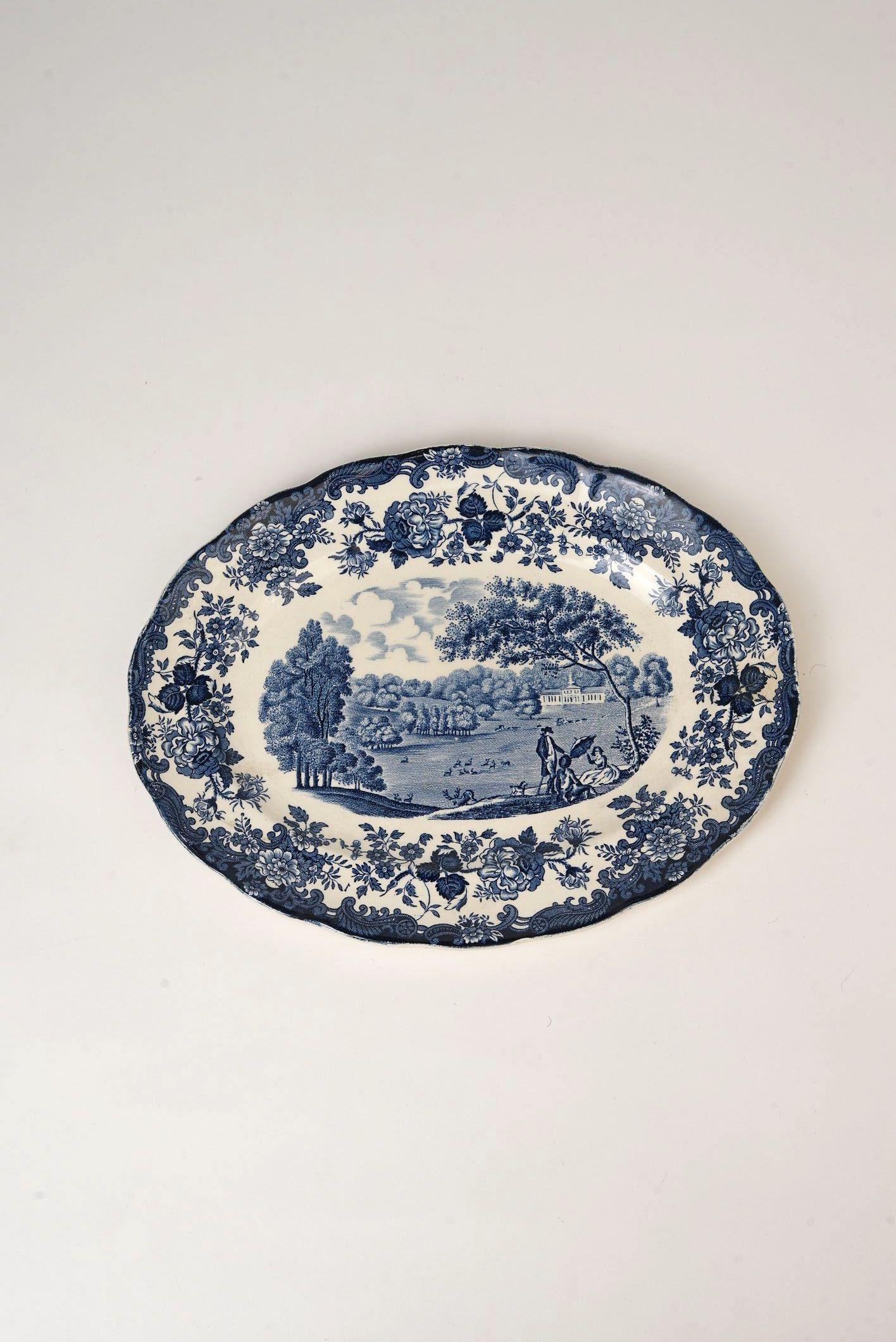 Romantique Plat ovale bleu et blanc 
