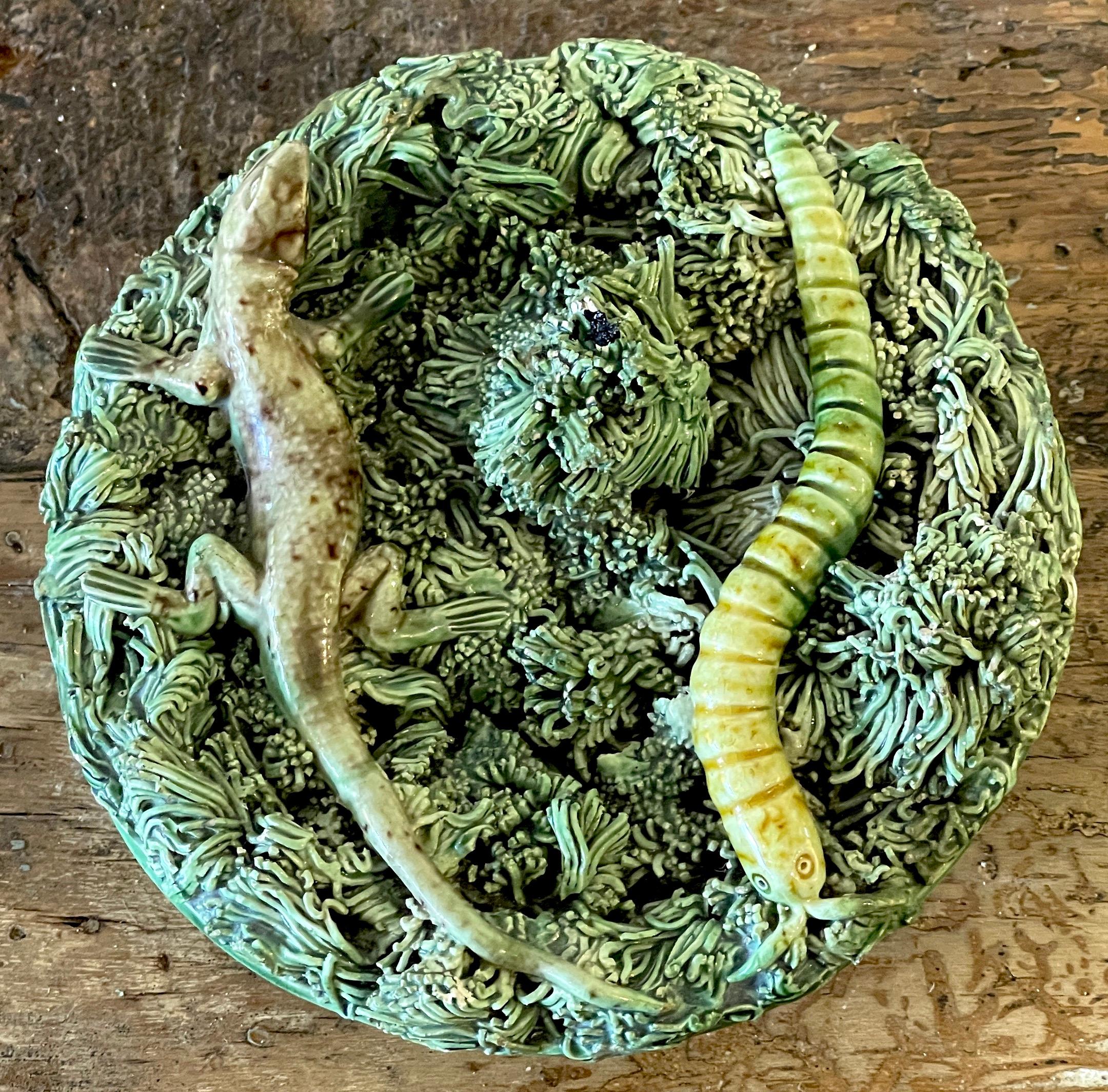 Palissy Majolica Aesthetic Miniature Plate, Caterpillar & Lizard
A unique diminutive example, With a applied Caterpillar & Lizard in a grassy background 