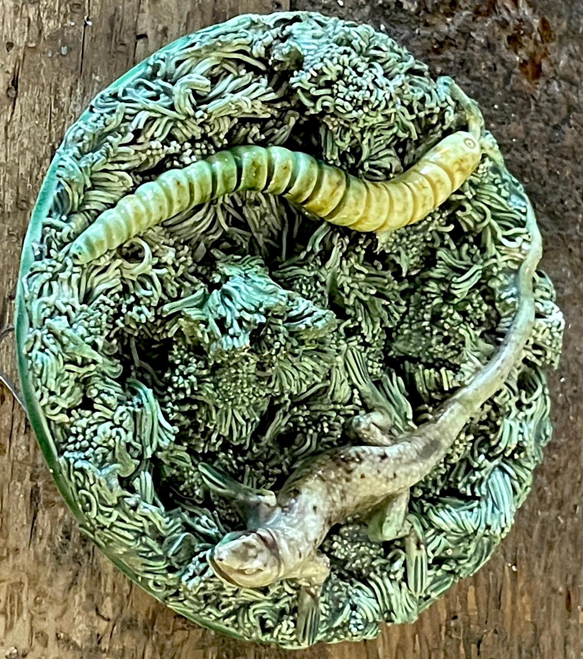 Portuguese Palissy Majolica Aesthetic Miniature Plate, Caterpillar & Lizard