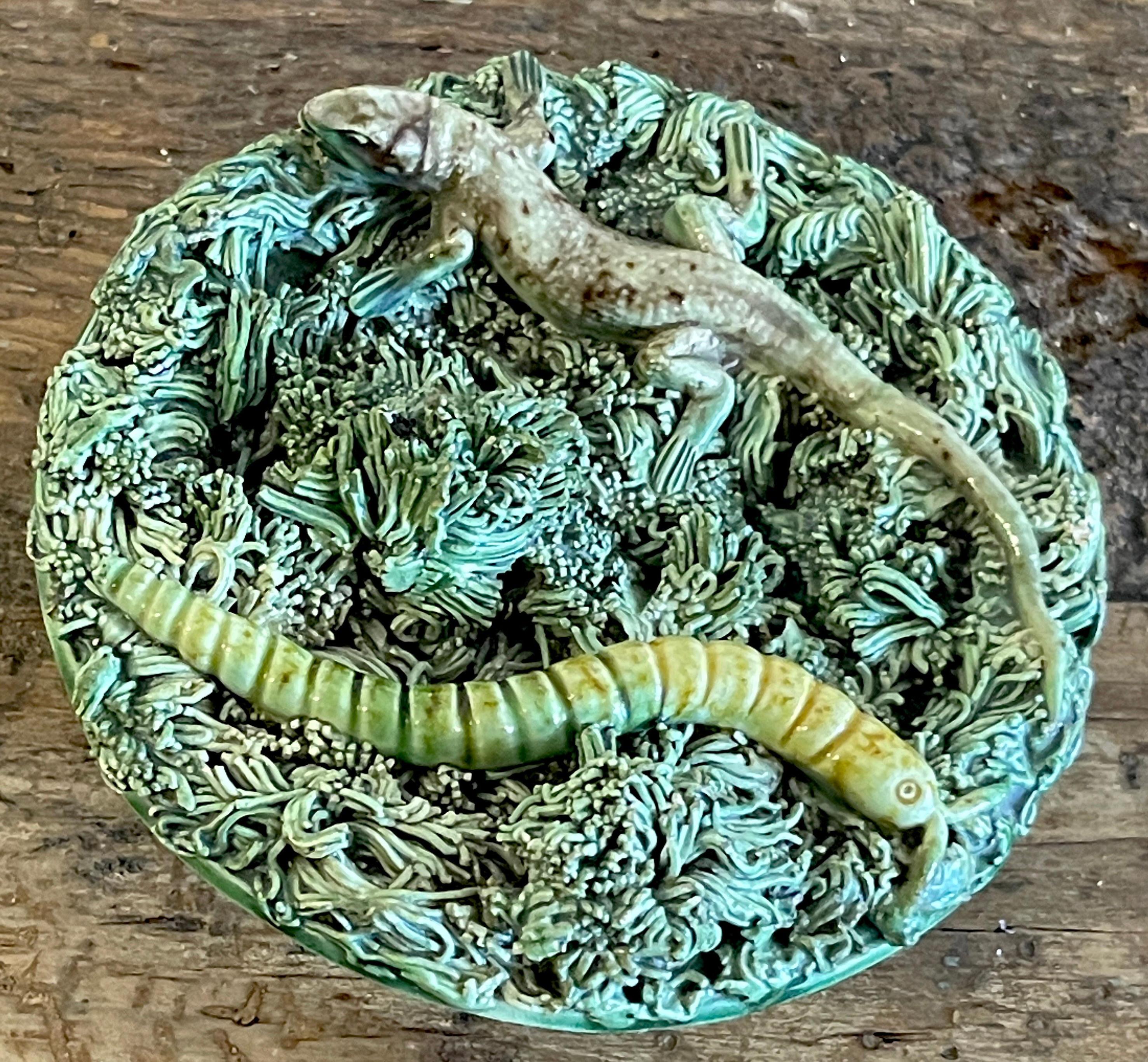 Glazed Palissy Majolica Aesthetic Miniature Plate, Caterpillar & Lizard