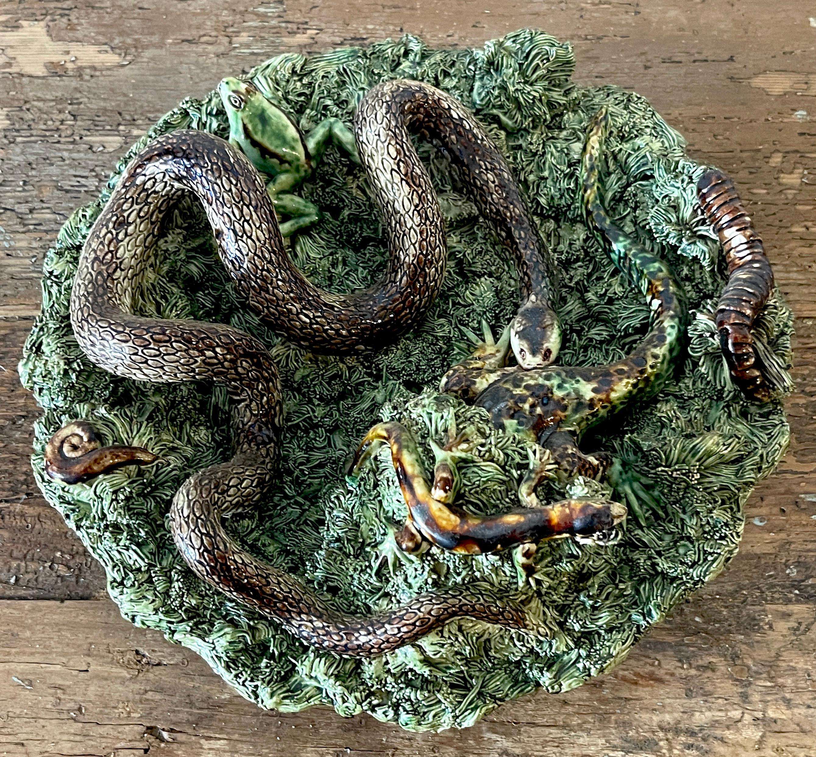 Aesthetic Movement Palissy Majolica Snake & Lizard Plate by Jose A Cunha