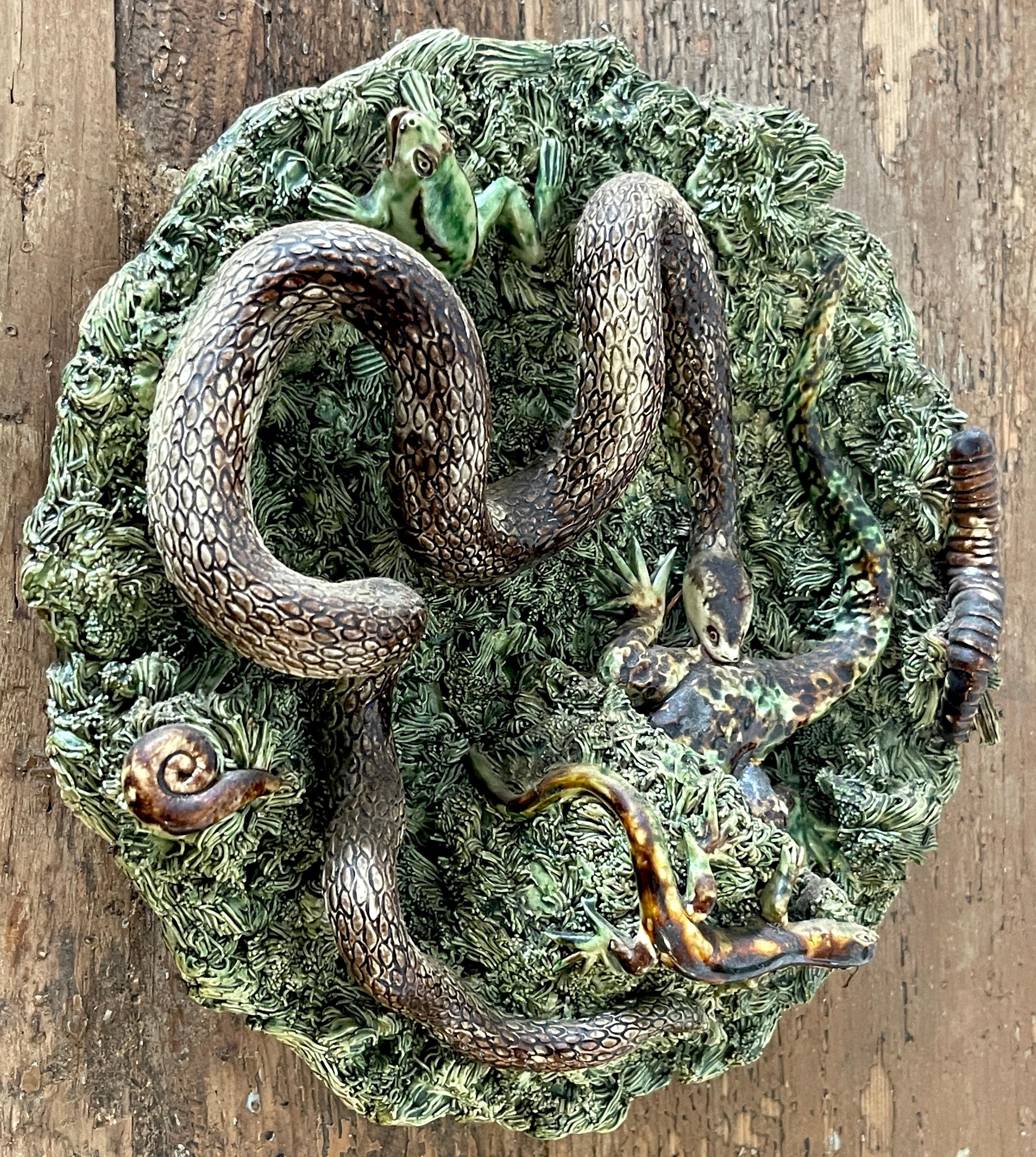 Portuguese Palissy Majolica Snake & Lizard Plate by Jose A Cunha