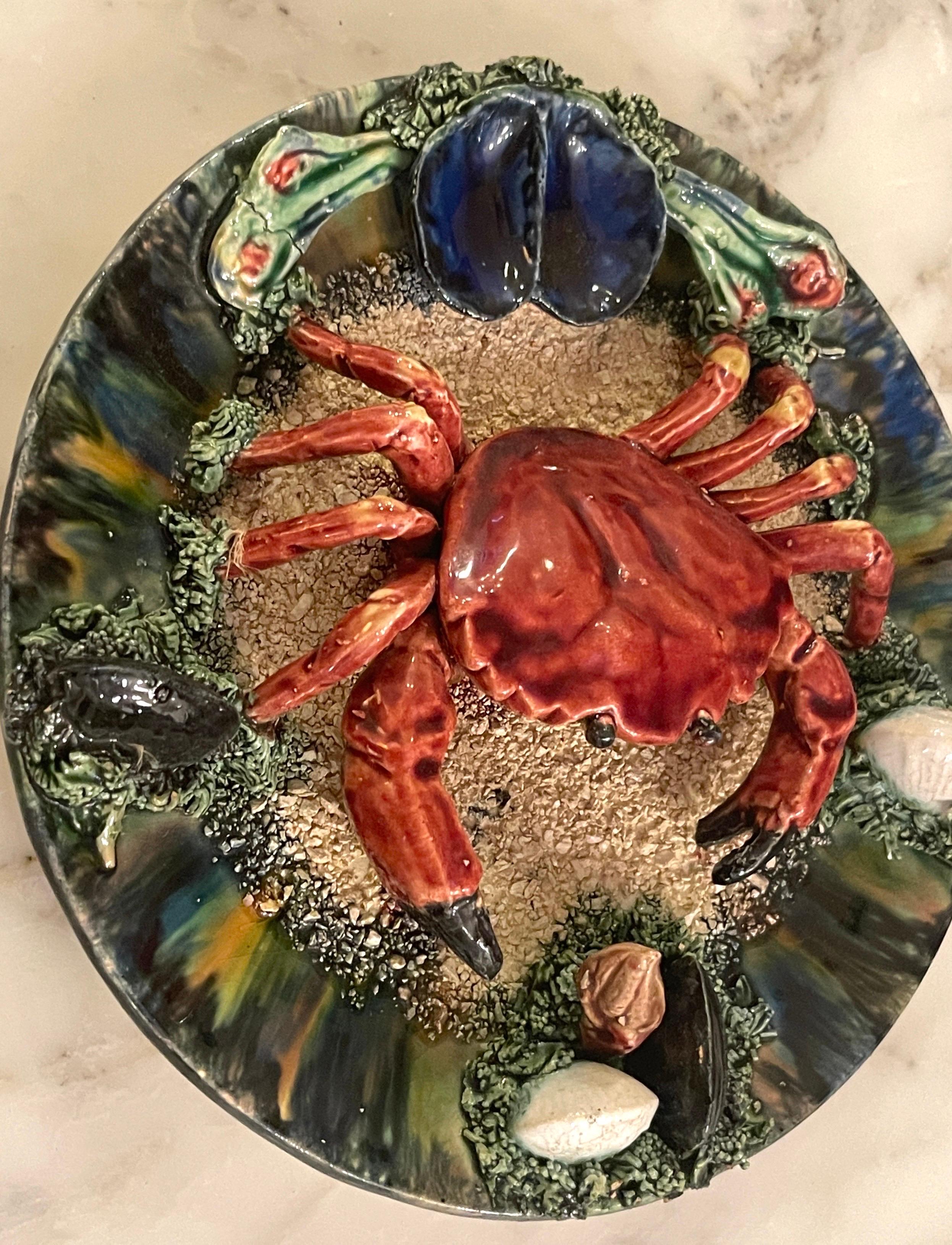 Aesthetic Movement Palissy Style Majolica Crab Motif Plate, Portugal, C. 1940s For Sale