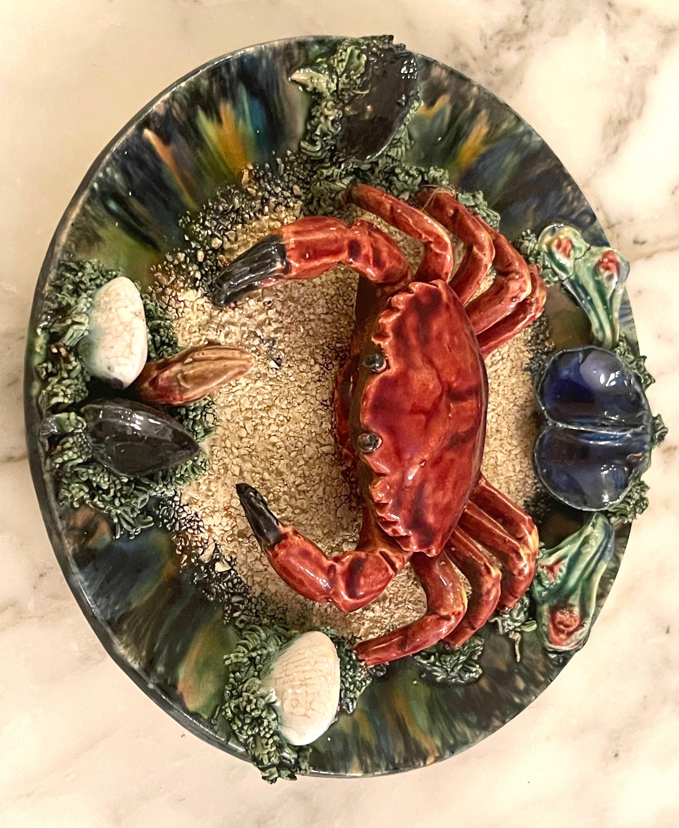 20th Century Palissy Style Majolica Crab Motif Plate, Portugal, C. 1940s For Sale