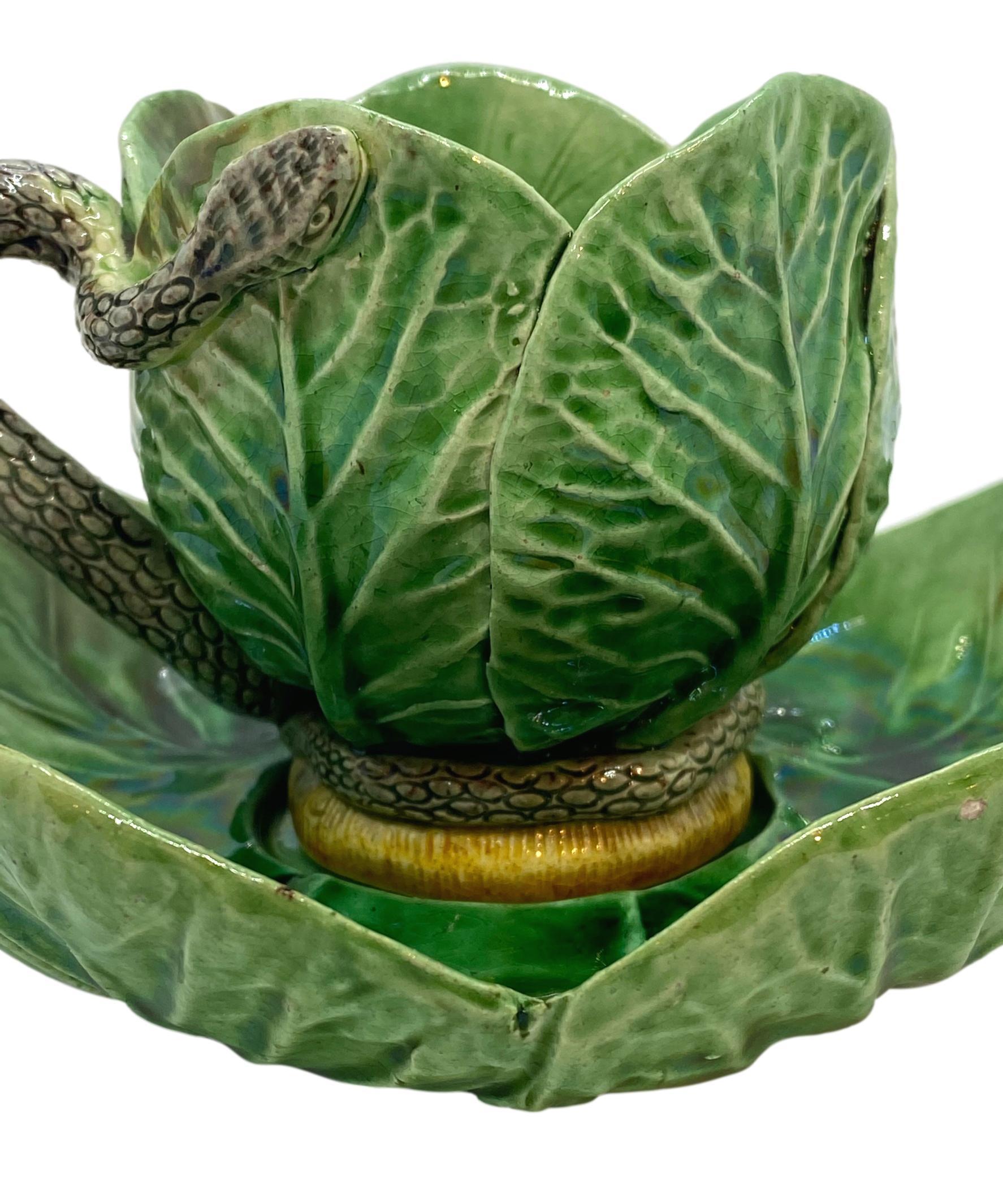 Portuguese Palissy Ware Majolica Cabbage Form Cup and Saucer with Snake Handle, ca. 1880