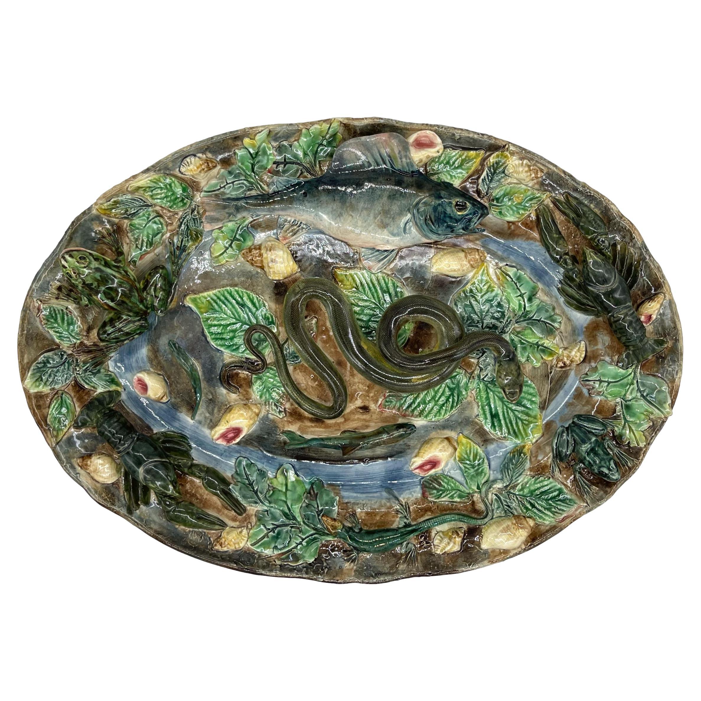 Palissy Ware Trompe L'oeil Oval Platter, Signed Longchamp, French, ca. 1875 For Sale