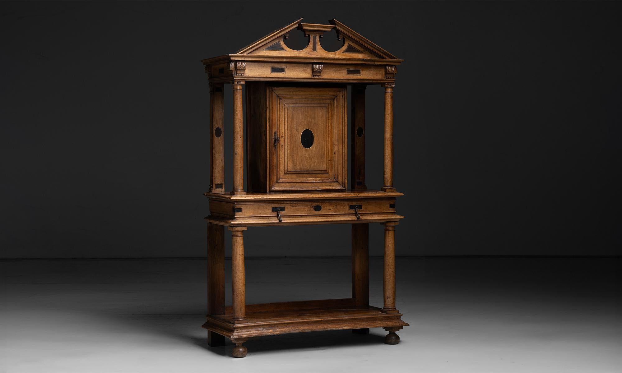 Palladian Cabinet

England circa 1870

Walnut single drawer cabinet with detailed carving, wrought iron hardware

42.5”w x 18.25”d x 74.25”h