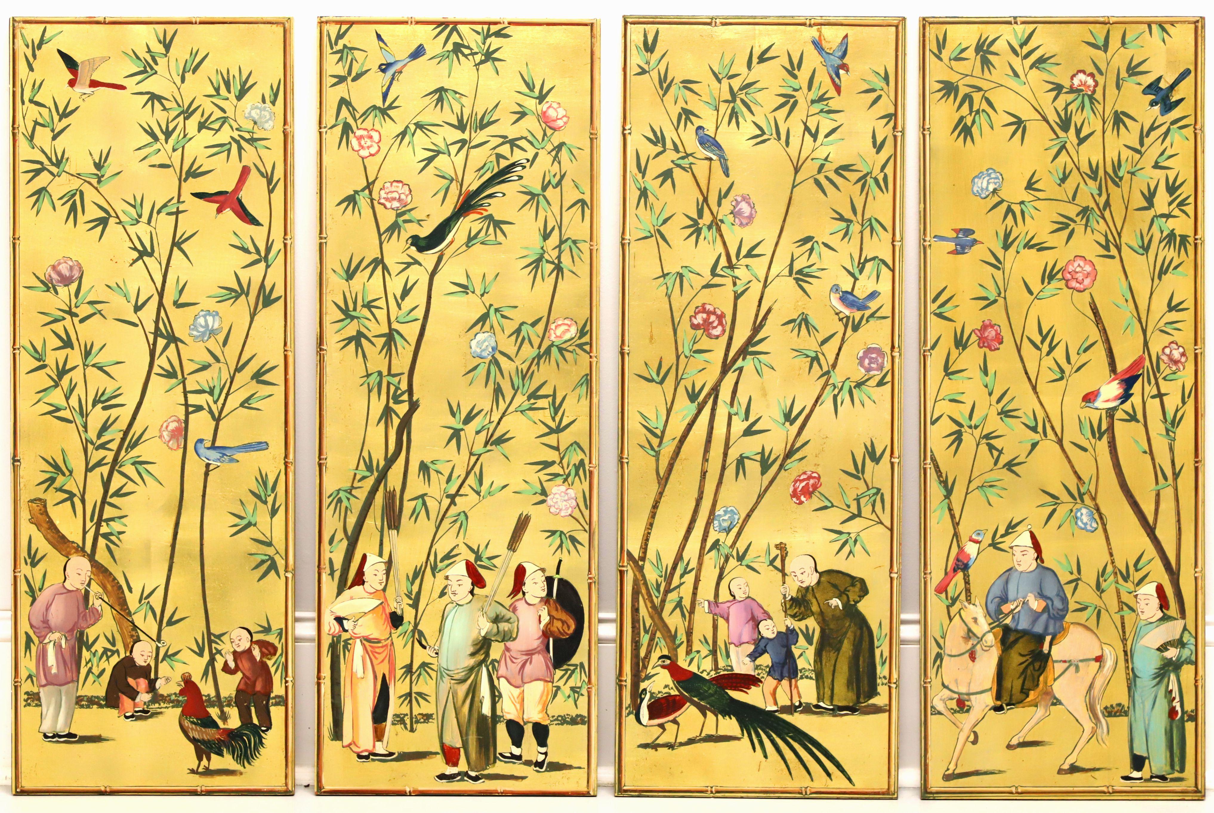 An original set of four hand painted Chinoiserie wall panels by Palladio. Four separate panels each creating a unique scene, oil paint on board, from the mid 20th Century. Can be hung together to form one work of art, or be used individually, or mix