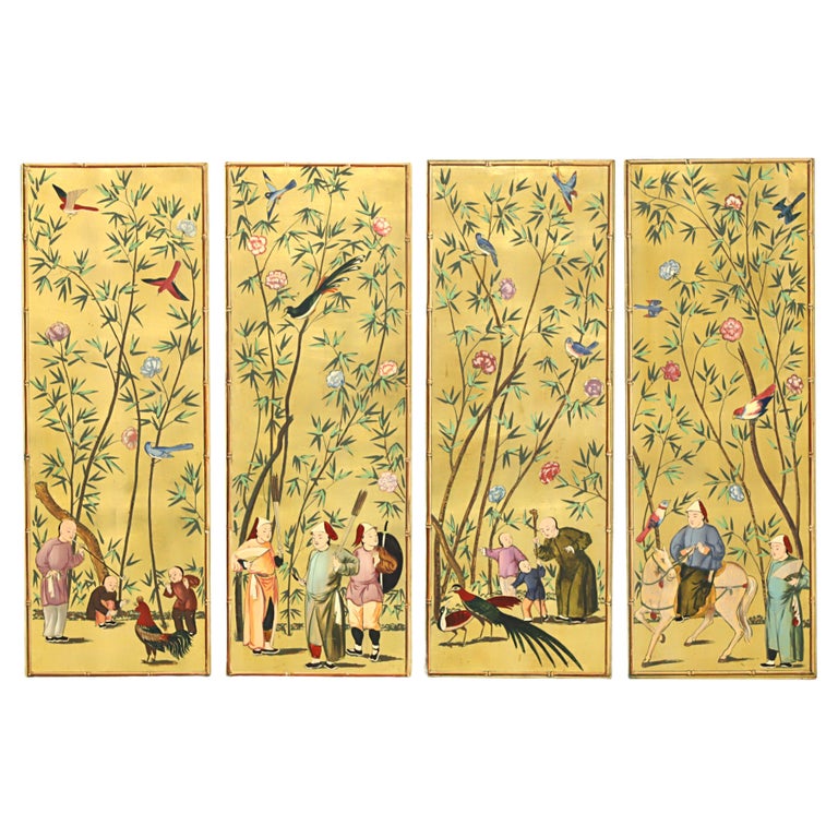 PALLADIO 1960's Asian Chinoiserie Wood Art Wall Panels Set of 4 For