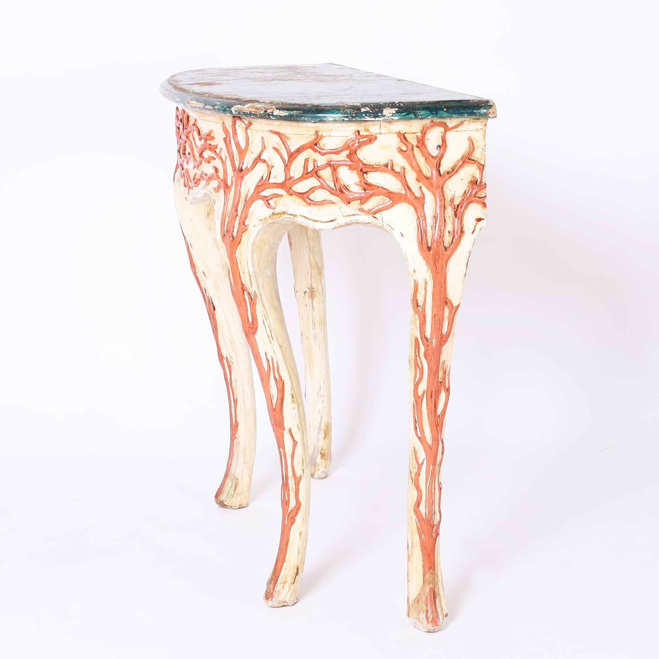 Consola Palladio Antigua Italiana Madera Tallada Faux Coral Italiano en venta