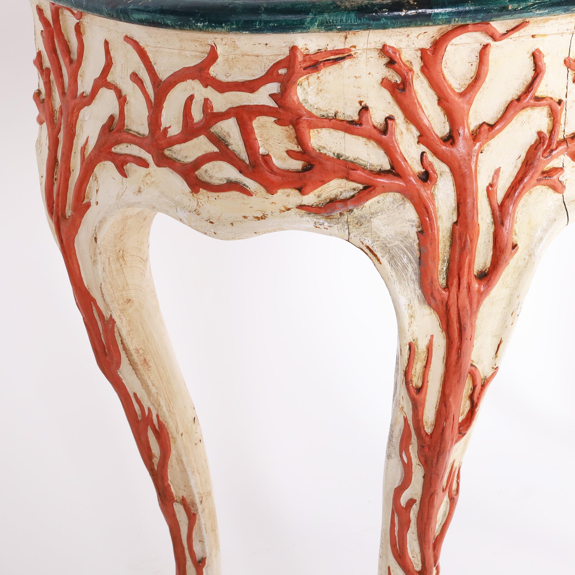 Consola Palladio Antigua Italiana Madera Tallada Faux Coral en venta 1