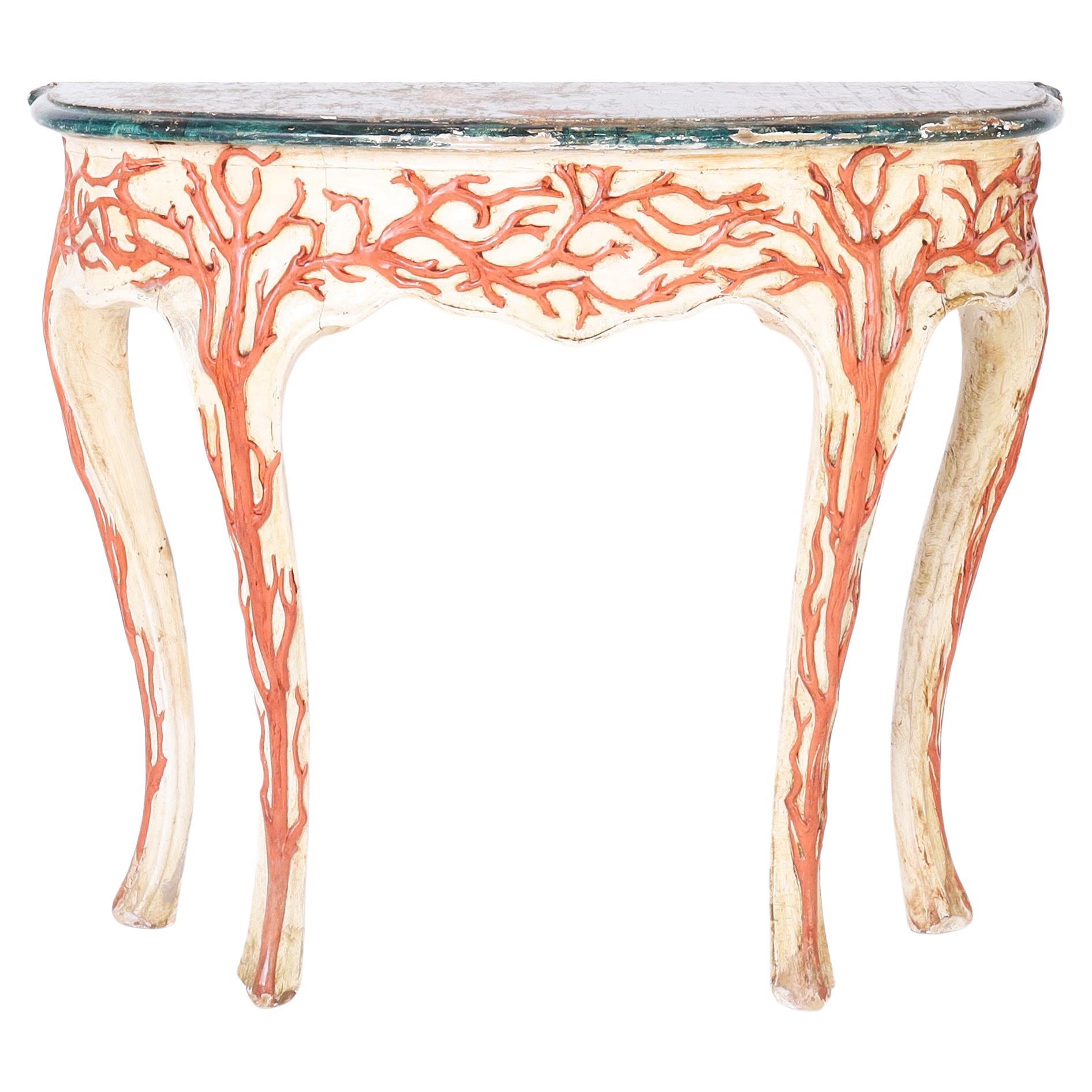 Consola Palladio Antigua Italiana Madera Tallada Faux Coral en venta