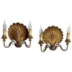 Retro Palladio Italian Gilt Wooden Shell Wall Lights, 1950s