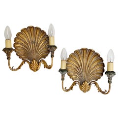 Retro Palladio Italian Gilt Wooden Shell Wall Lights, 1960s