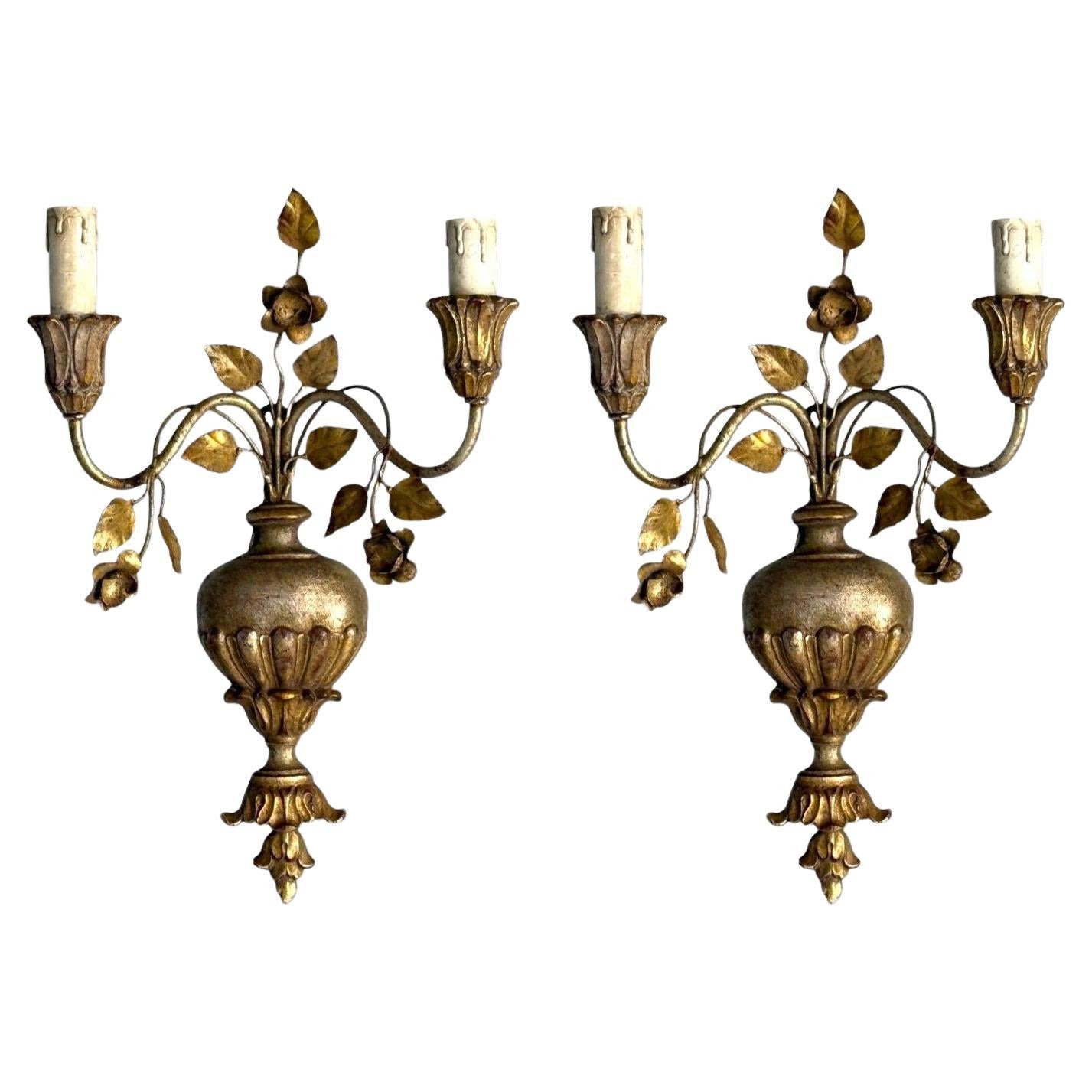 Palladio, neoclásico italiano, madera dorada, pan de plata, apliques de pared, Italia, 1974 en venta
