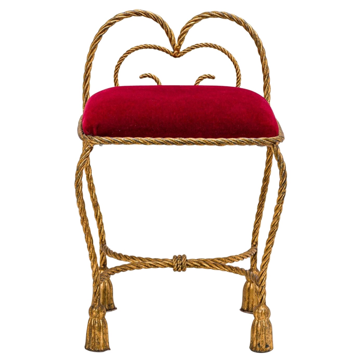 Palladio Italian Rope & Tassel Gilt Iron & Red Upholstery Vanity Bench