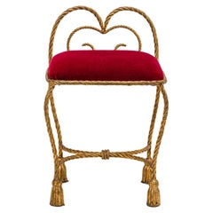 Palladio Italian Rope & Tassel Gilt Iron & Red Upholstery Vanity Bench