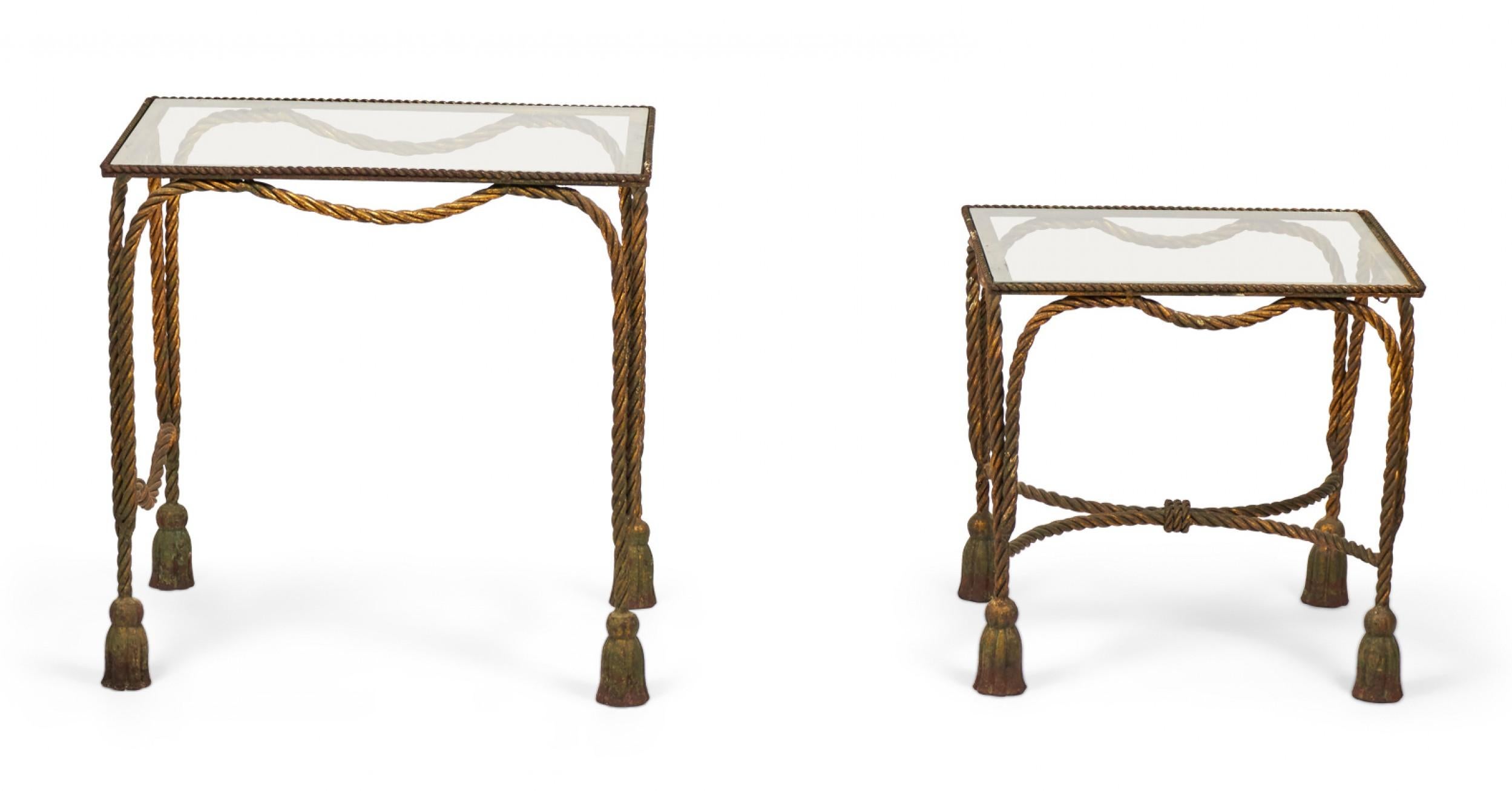 Italian Baroque-Style Mid-Century (circa 1950) Rope and Tassel nesting tables with gilt iron frames and clear glass table tops. (two tables, PRICED AS SET) (PALLADIO, ITALY)