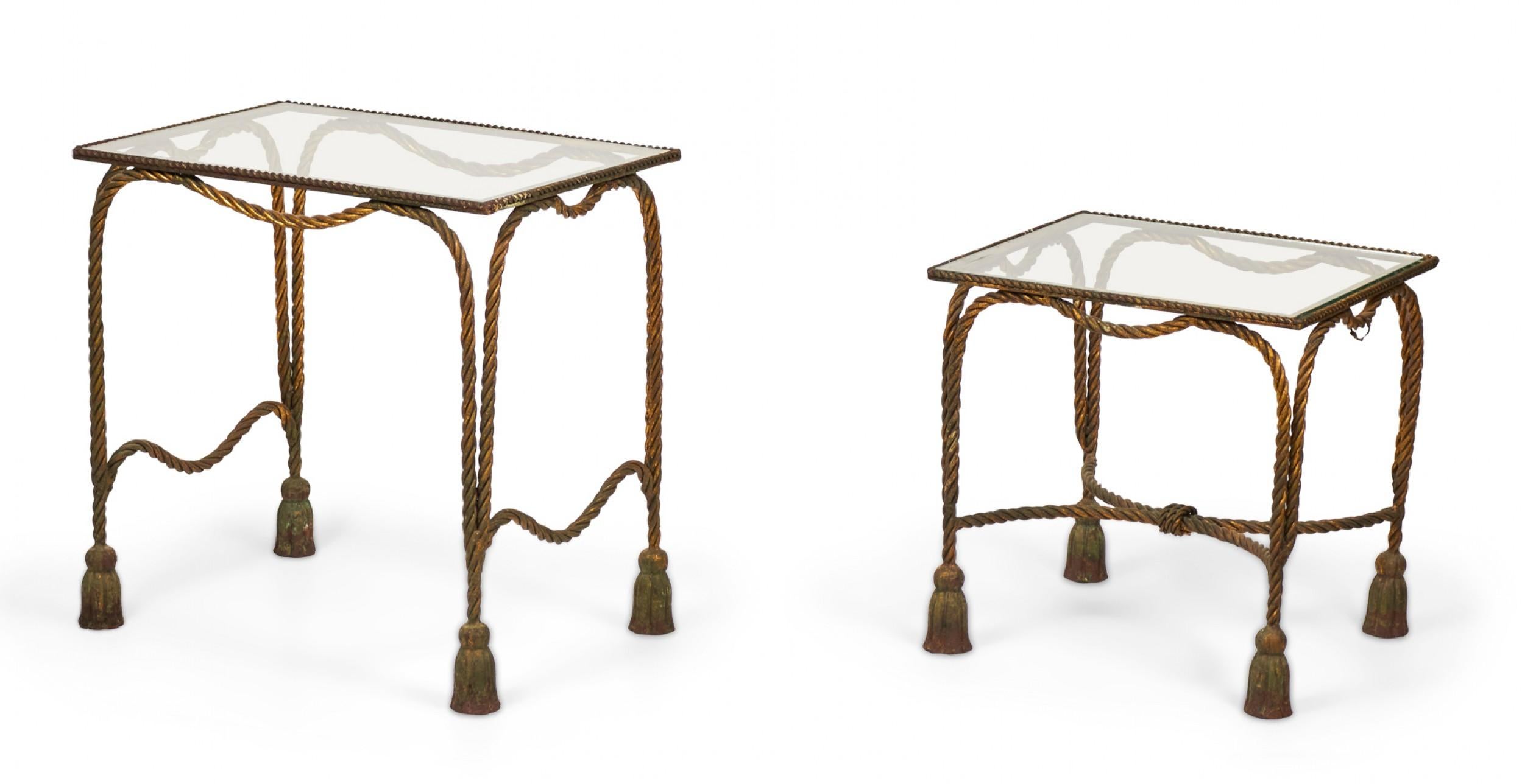 Mid-Century Modern Palladio Italy Baroque Style Rope and Tassel Gilt Iron Nesting Tables For Sale