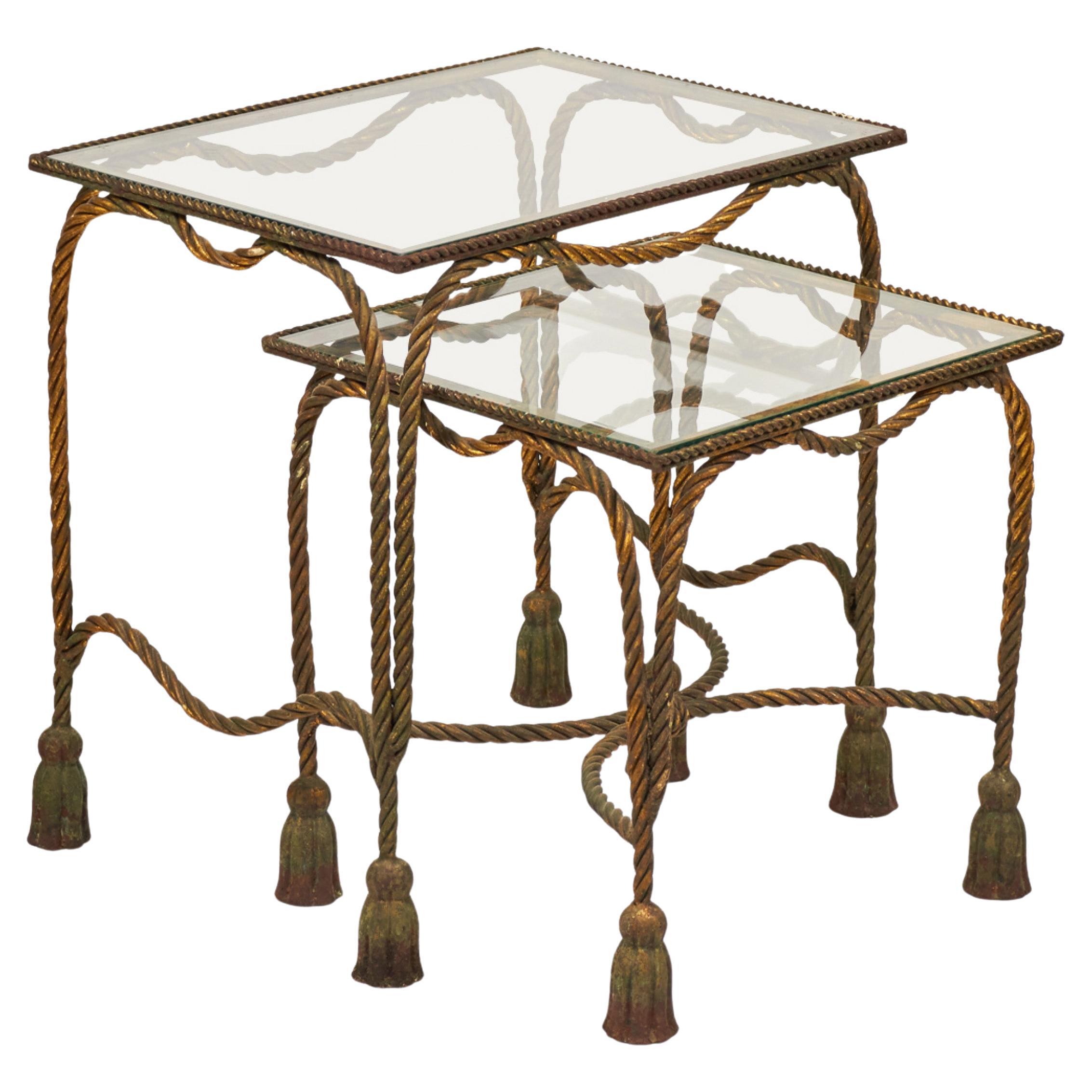 Palladio Italy Baroque Style Rope and Tassel Gilt Iron Nesting Tables