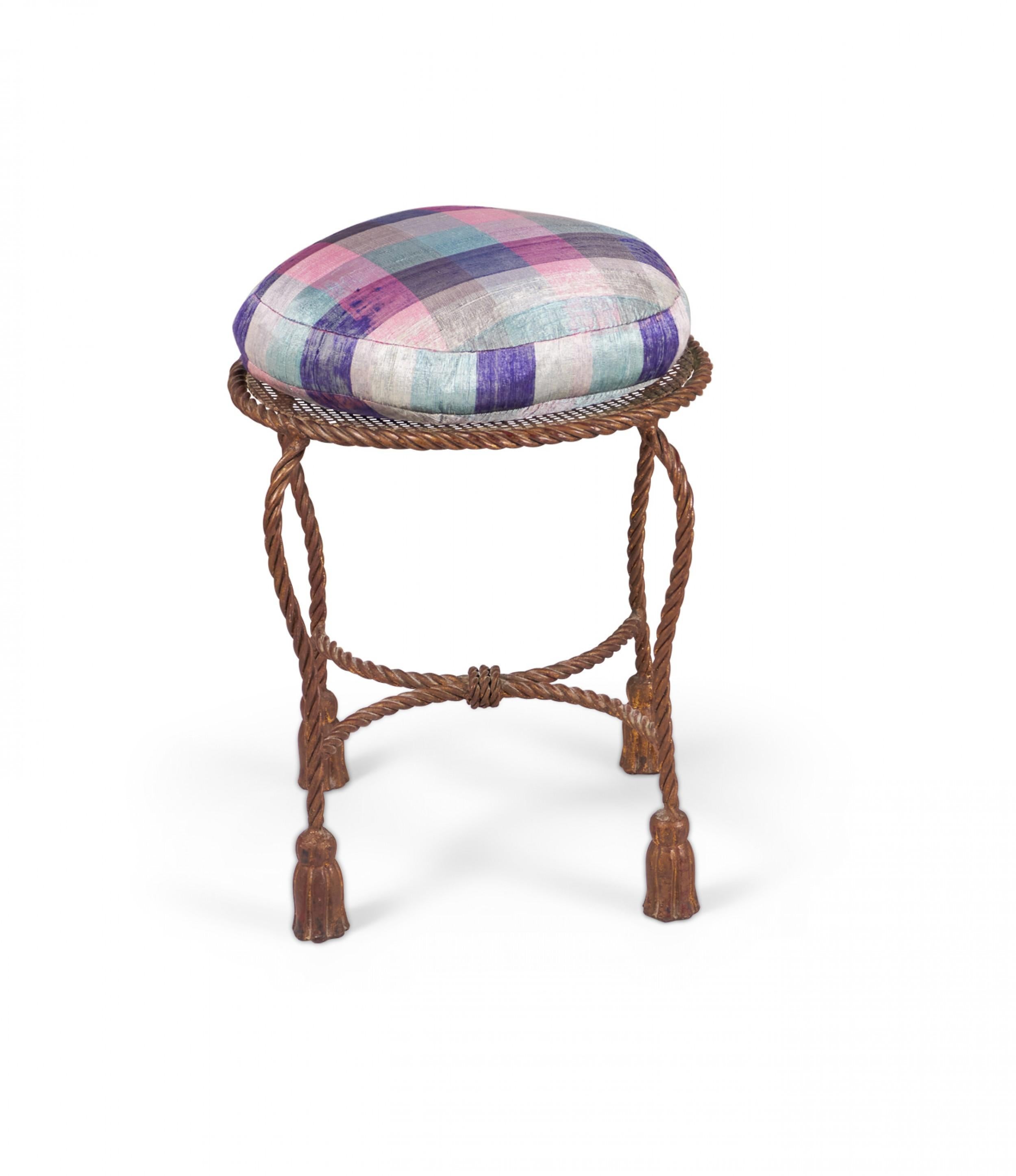 Italian Baroque-style mid-century (circa 1950) Rope and Tassel vanity stool with a gilt iron frame and unattached purple pink and green plaid seat cushion. (Palladio, Italy).