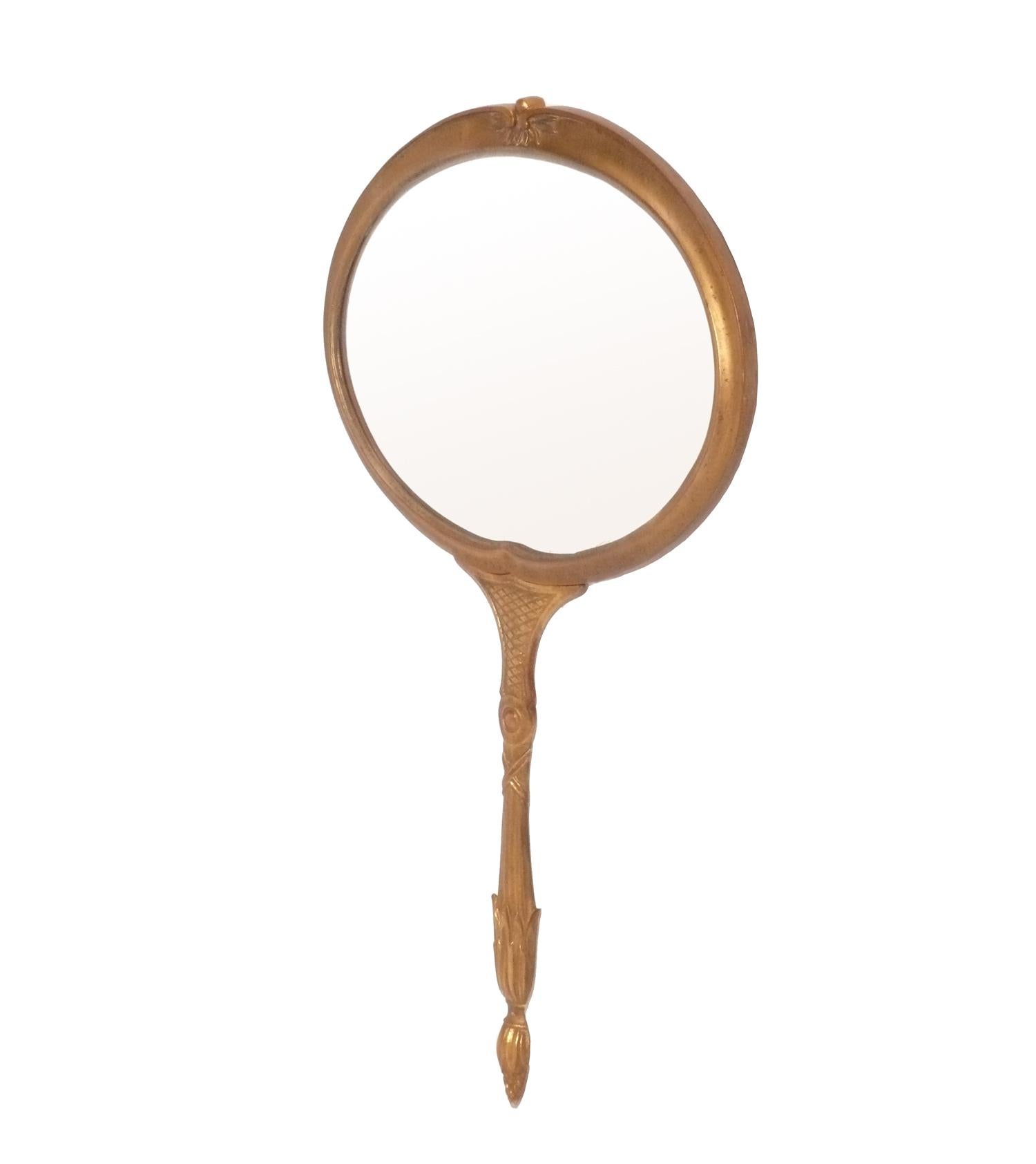 Hand Mirror Shaped Wall Mirror in Gilt Metal, by Palladio, Italian, circa 1960s. Signed on back.