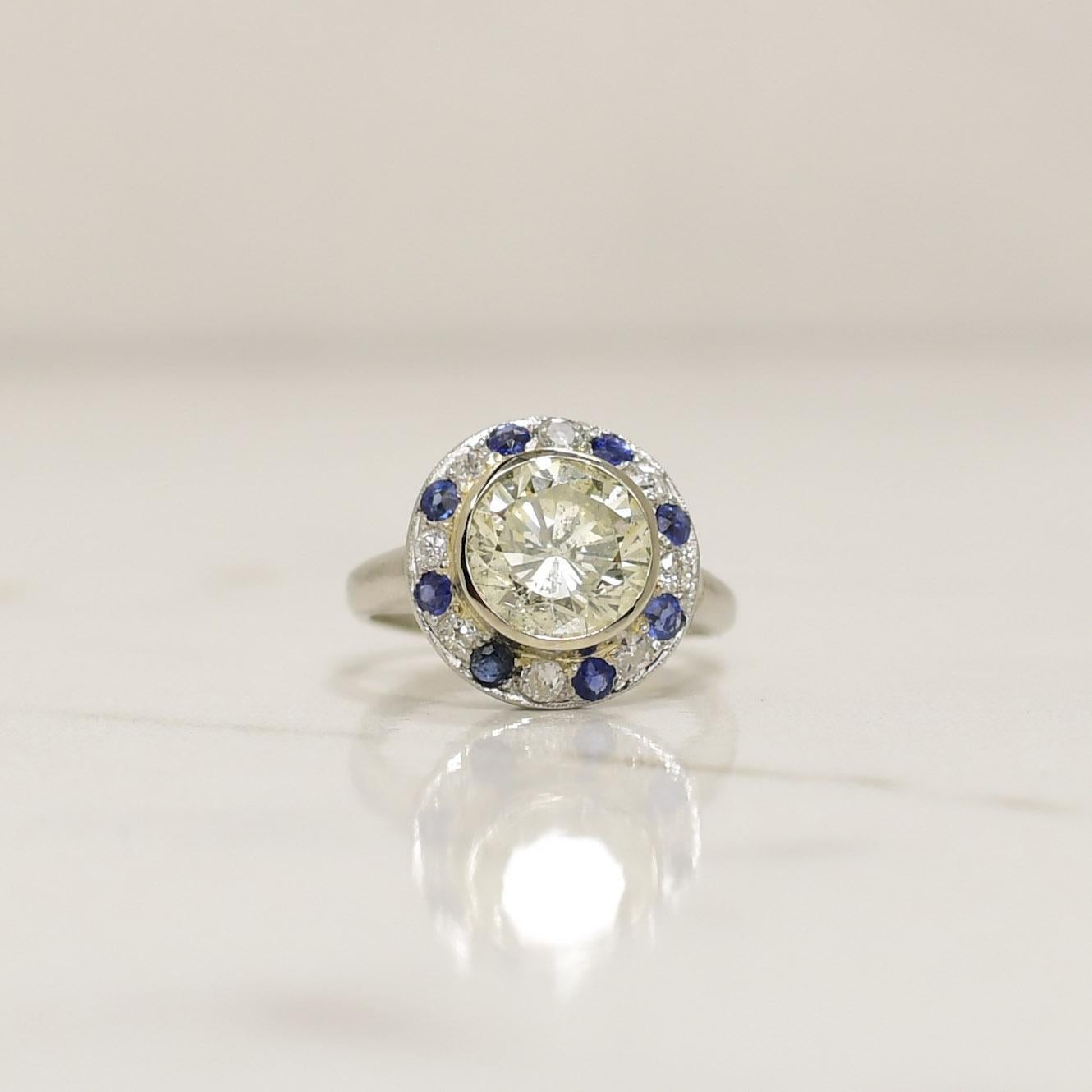 Palladium 2,44 CTW Diamant und Saphir Vintage-Ring (Brillantschliff) im Angebot