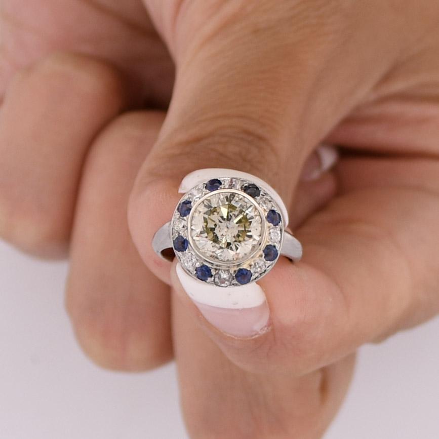 Palladium 2.44 CTW Diamond and Sapphire Vintage Ring For Sale 1