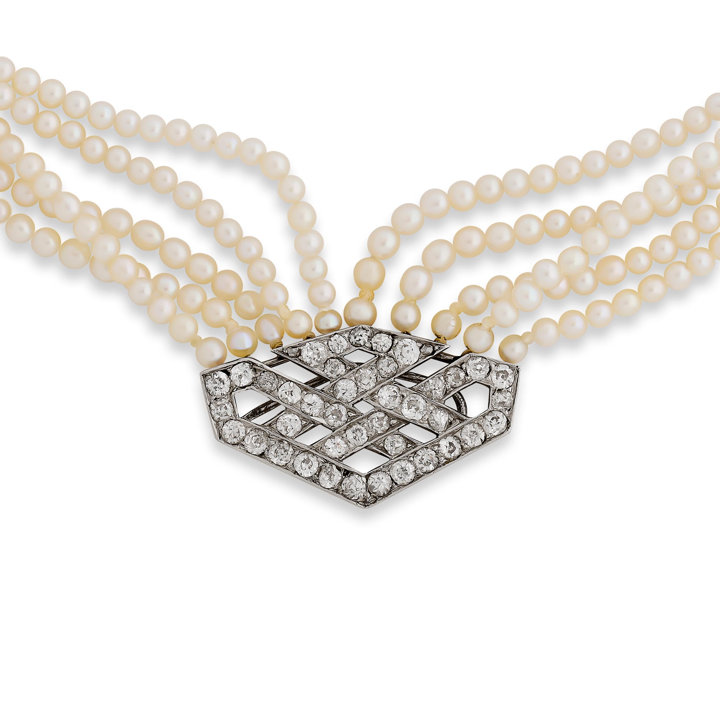 Taglio rotondo Collana di diamanti e perle naturali d'acqua salata a 5 fili in Palladio in vendita