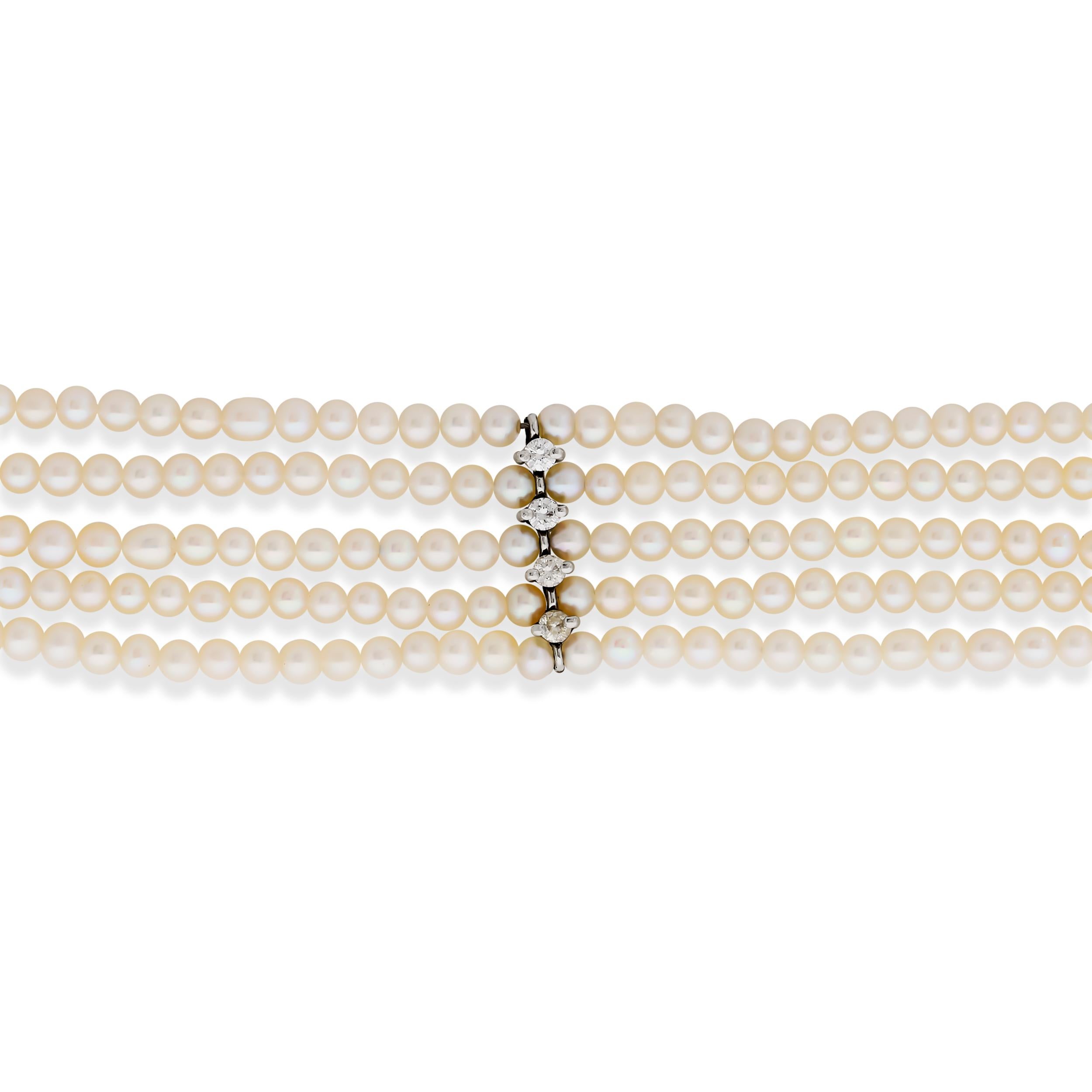 Collana di diamanti e perle naturali d'acqua salata a 5 fili in Palladio In condizioni buone in vendita a Philadelphia, PA
