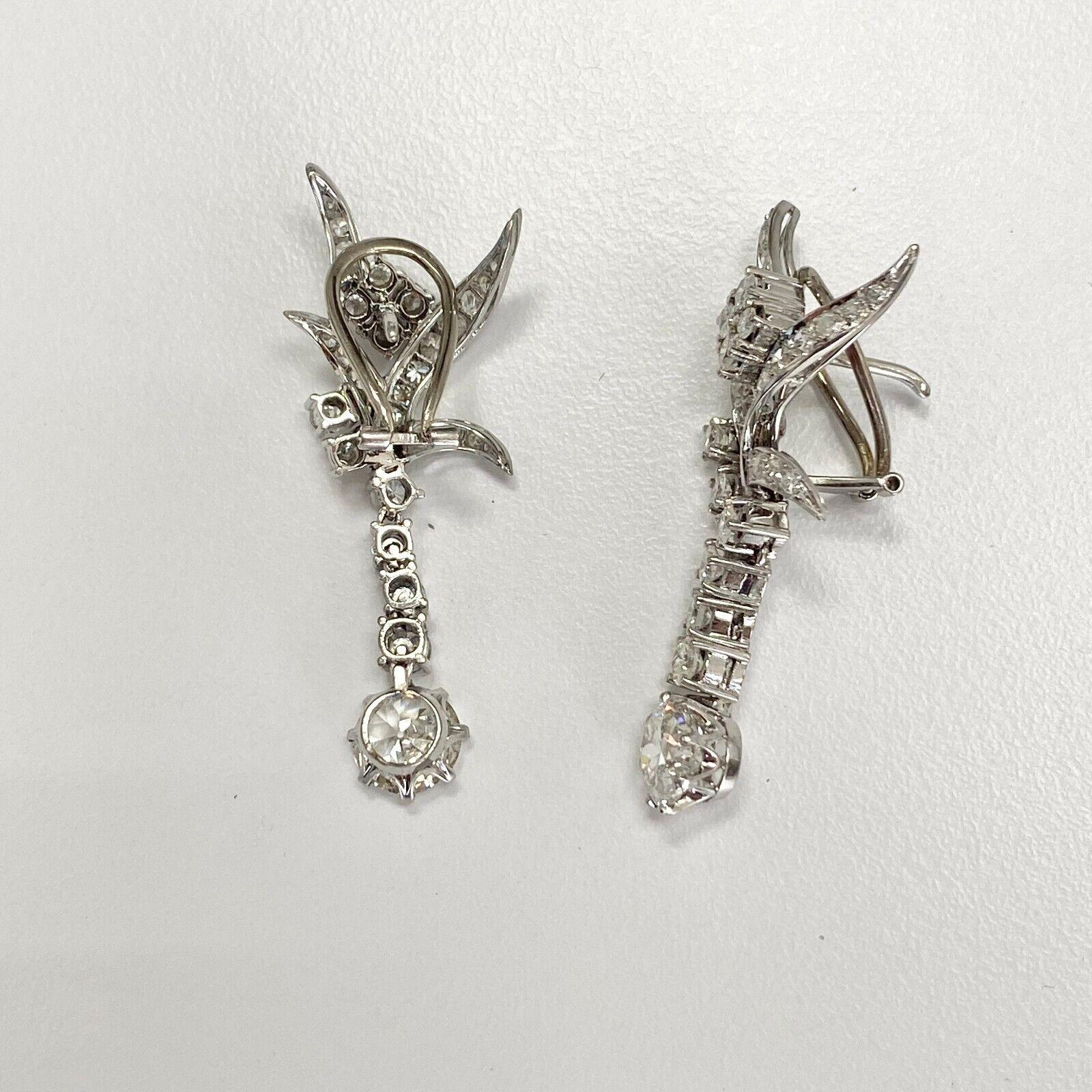 Women's or Men's Palladium and White Gold European Cut Diamond Dangle Earrings 3.20 Carats For Sale