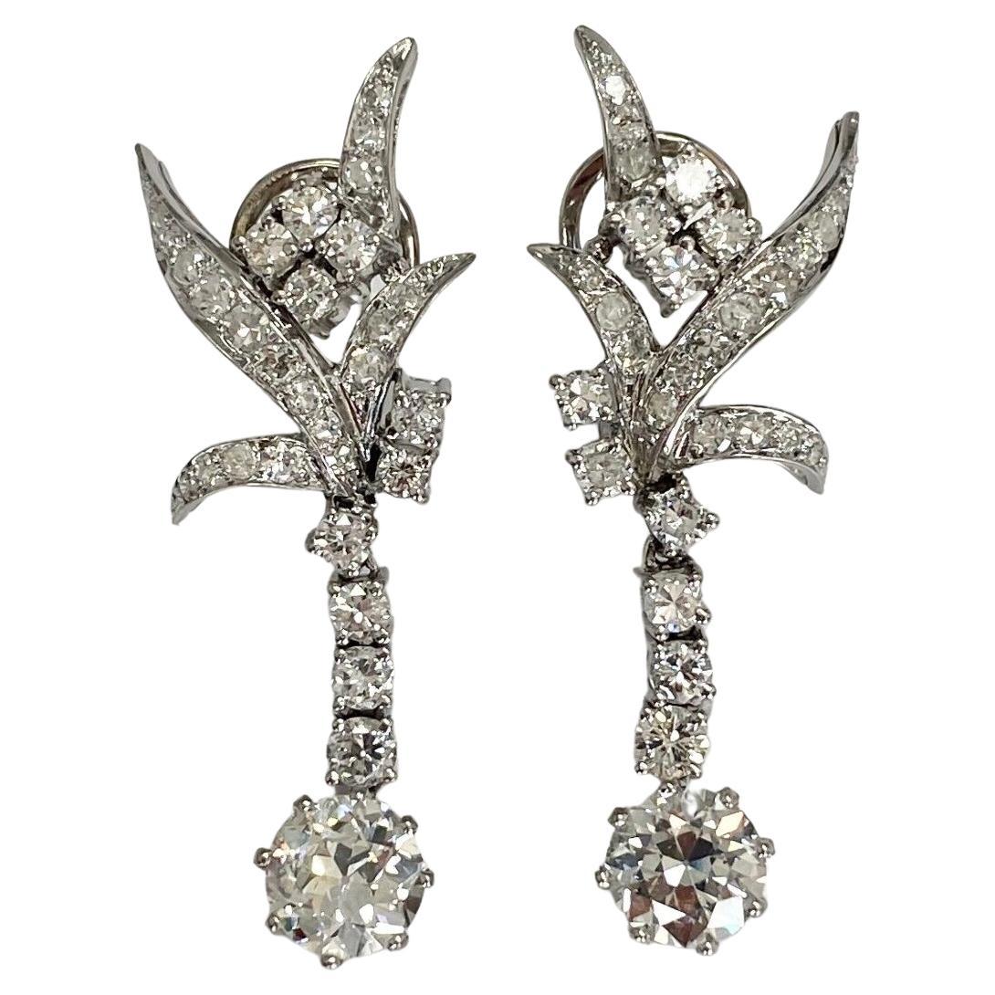 Palladium and White Gold European Cut Diamond Dangle Earrings 3.20 Carats For Sale