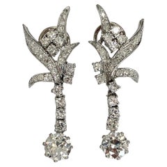 Vintage Palladium and White Gold European Cut Diamond Dangle Earrings 3.20 Carats