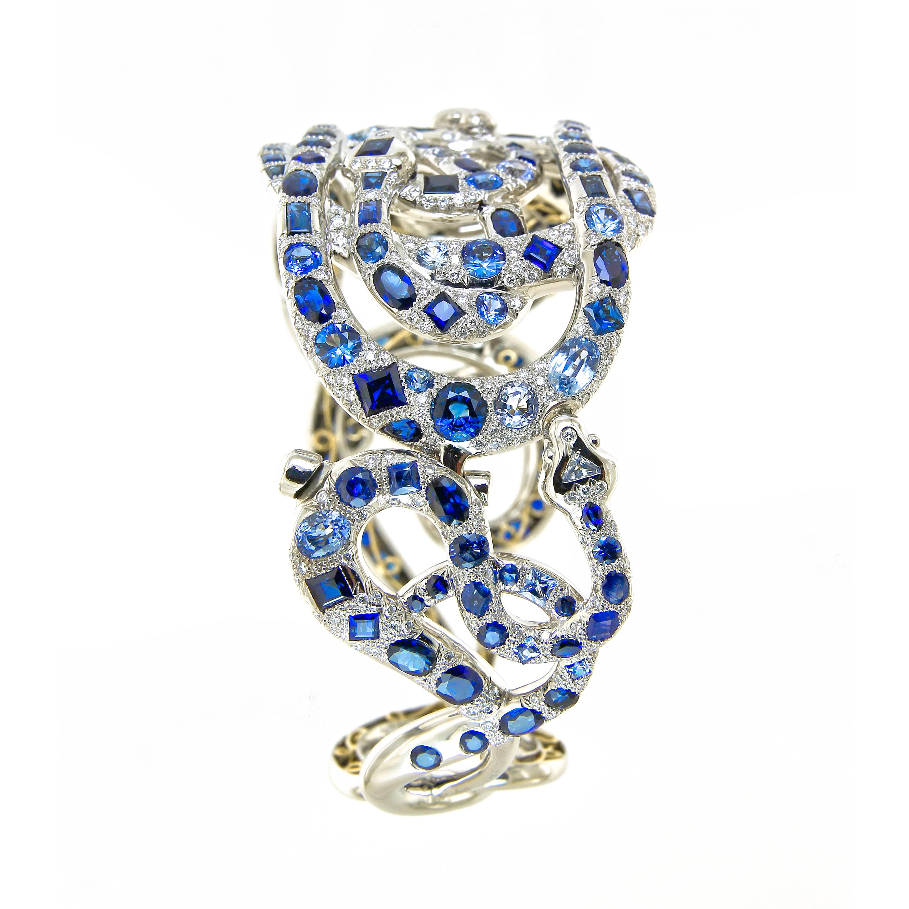 AENEA Palladium 18k Yellow Gold Blue Sapphires White Diamonds Bangle For Sale 4