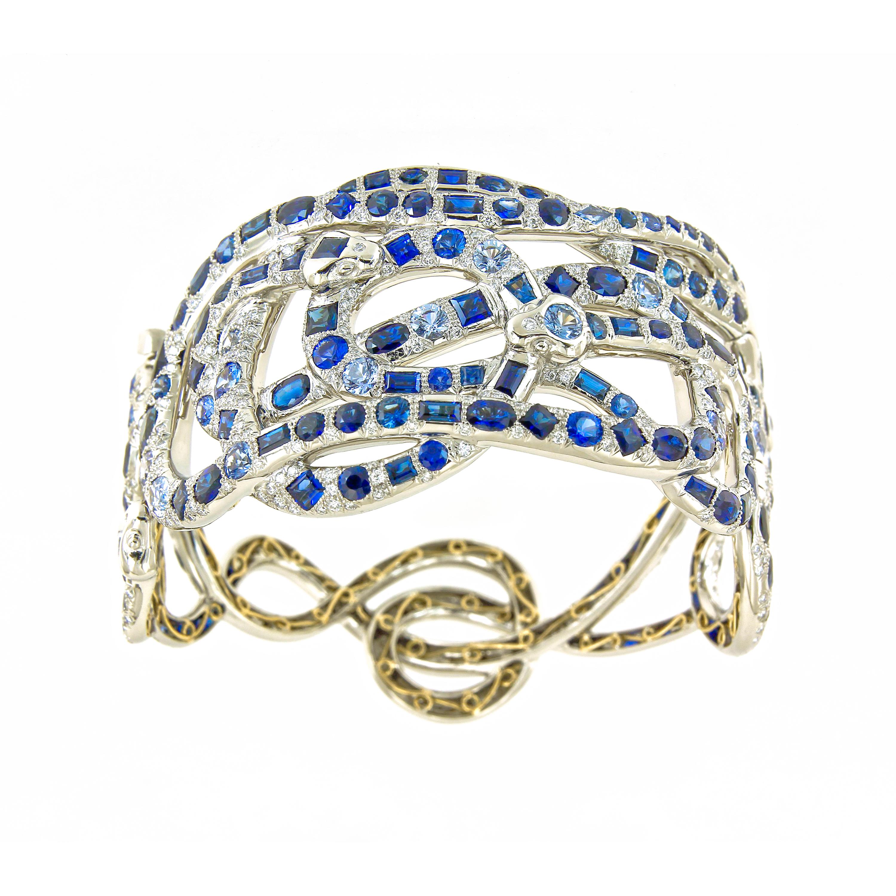 Women's AENEA Palladium 18k Yellow Gold Blue Sapphires White Diamonds Bangle For Sale