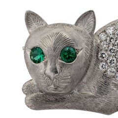 Palladium Diamond Emerald Cat Brooch