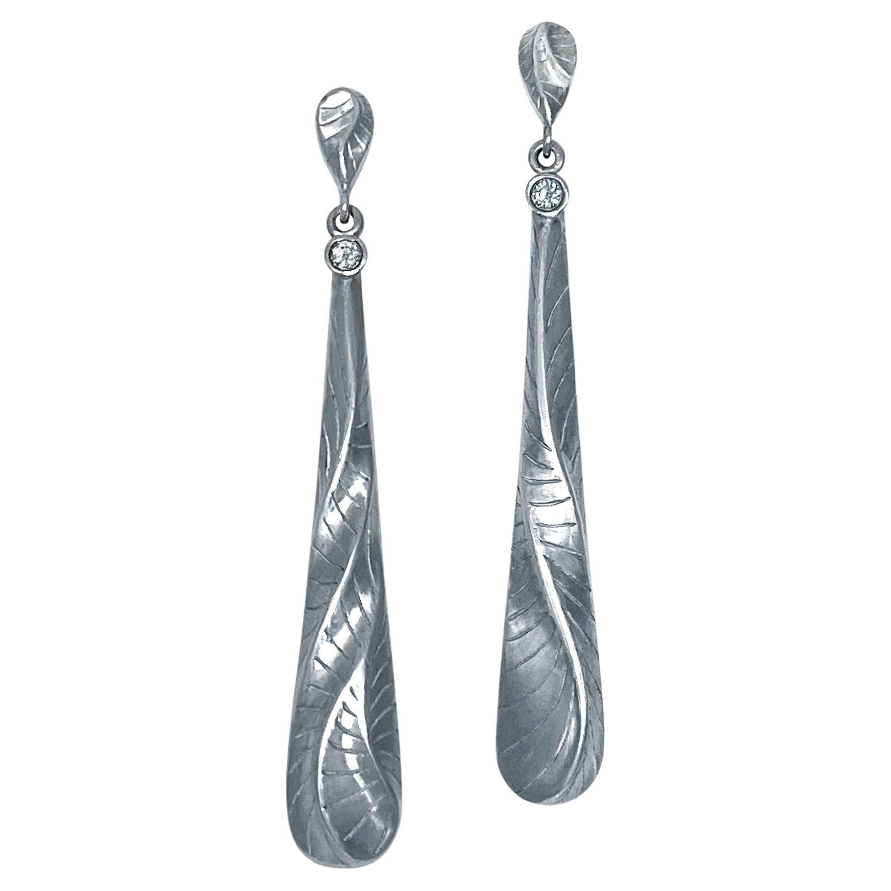 Palladium Dune Long Tear Drop Earrings with Diamond Accents by Keiko Mita For Sale