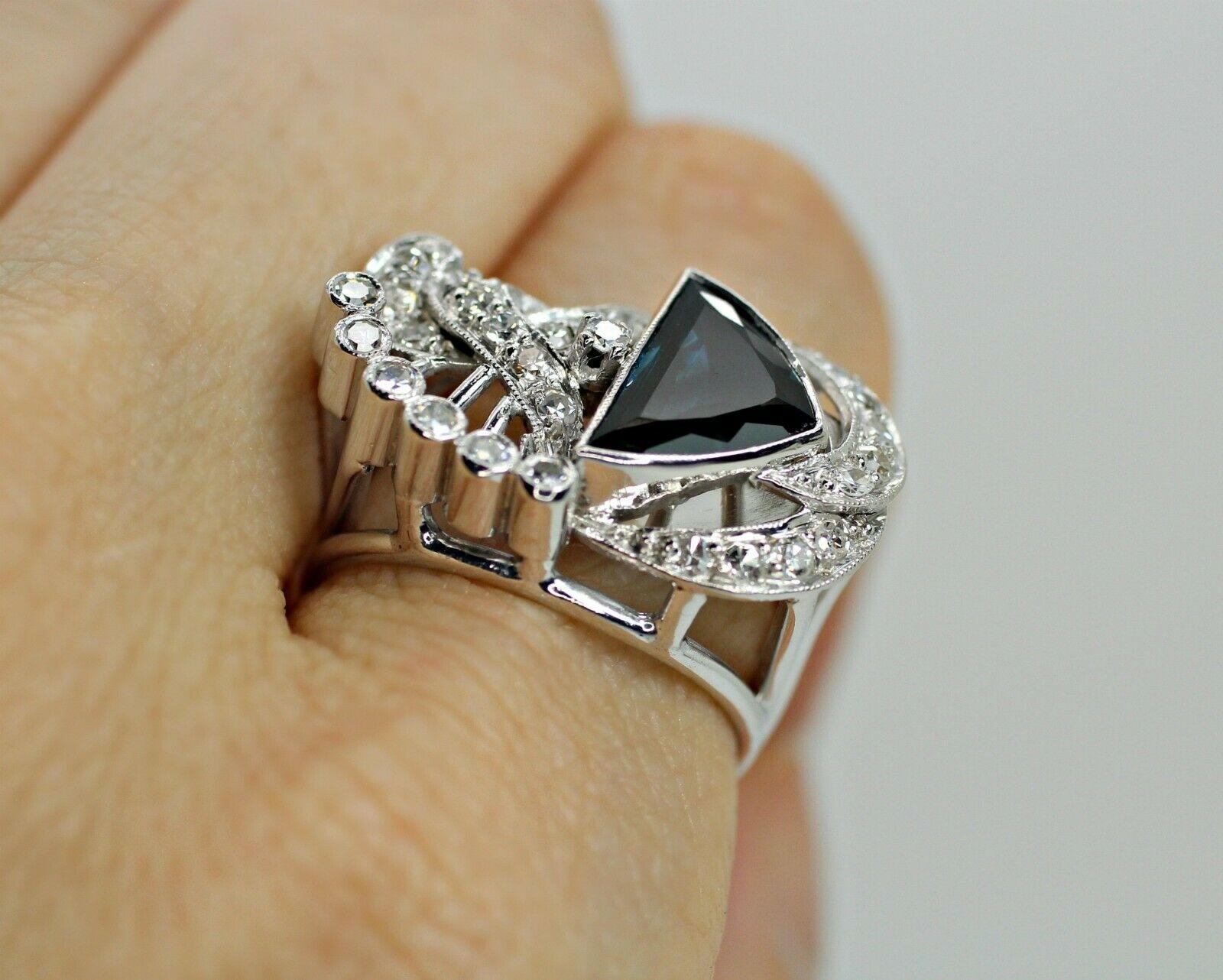 Palladium Natural Blue Sapphire Ring with Diamonds 1