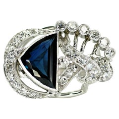 Palladium Natural Blue Sapphire Ring with Diamonds