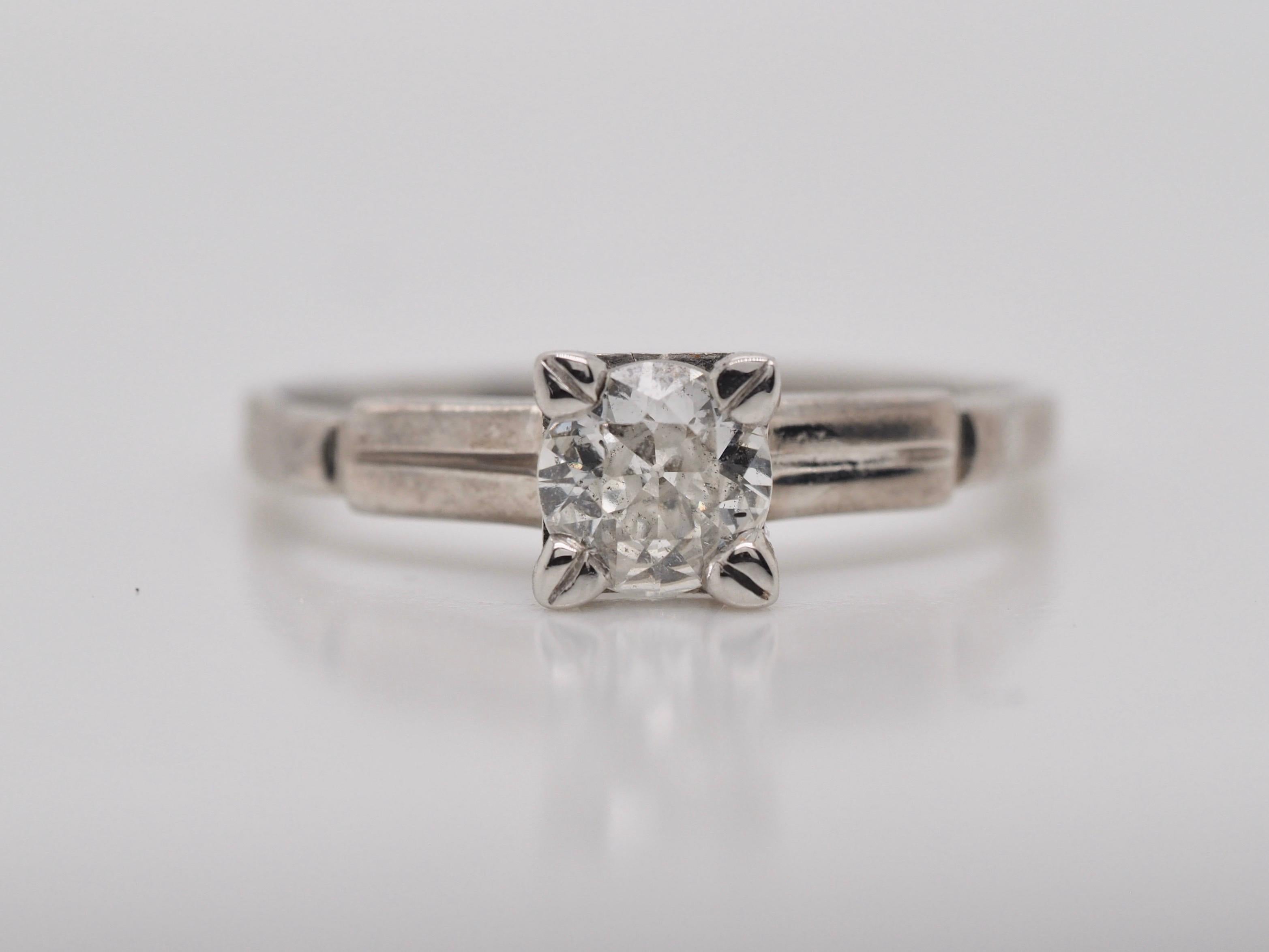 Palladium Old European Cut Diamond Solitaire Engagement Ring In Good Condition For Sale In Addison, TX