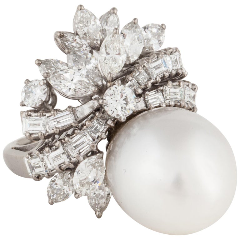Pearl and Diamond Cocktail Ring in Palladium For Sale at 1stDibs