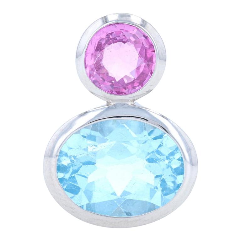 Palladium Pink Sapphire and Blue Topaz Pendant, Round and Oval Cut 4.35 Carat For Sale