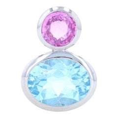 Palladium Pink Sapphire and Blue Topaz Pendant, Round and Oval Cut 4.35 Carat