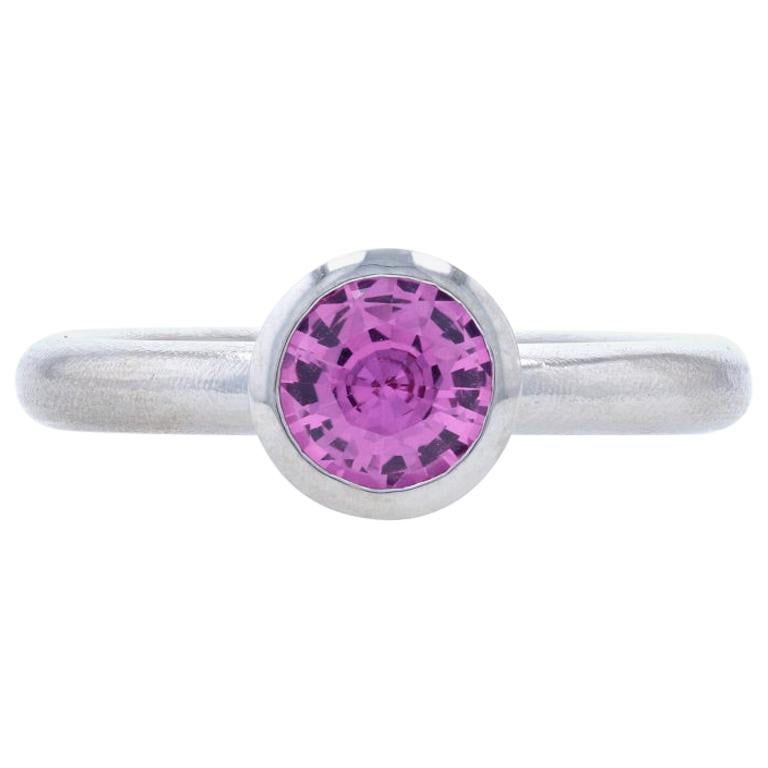 Palladium Pink Sapphire Solitaire Ring, Round Cut 1.40 Carat Engagement For Sale