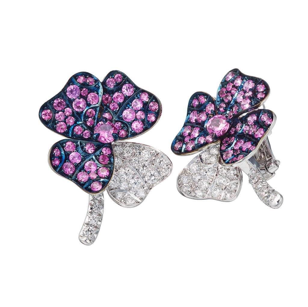 Clover Leaf Earrings handcrafted in Palladium and White Gold with Pink Sapphires and White Diamonds 

Paving: Pink Sapphires 1,49ct. (96Pcs.); White Diamonds 0,44ct
Material: Palladium 950; White Gold 750; White and Blue Rhodium 

Available in